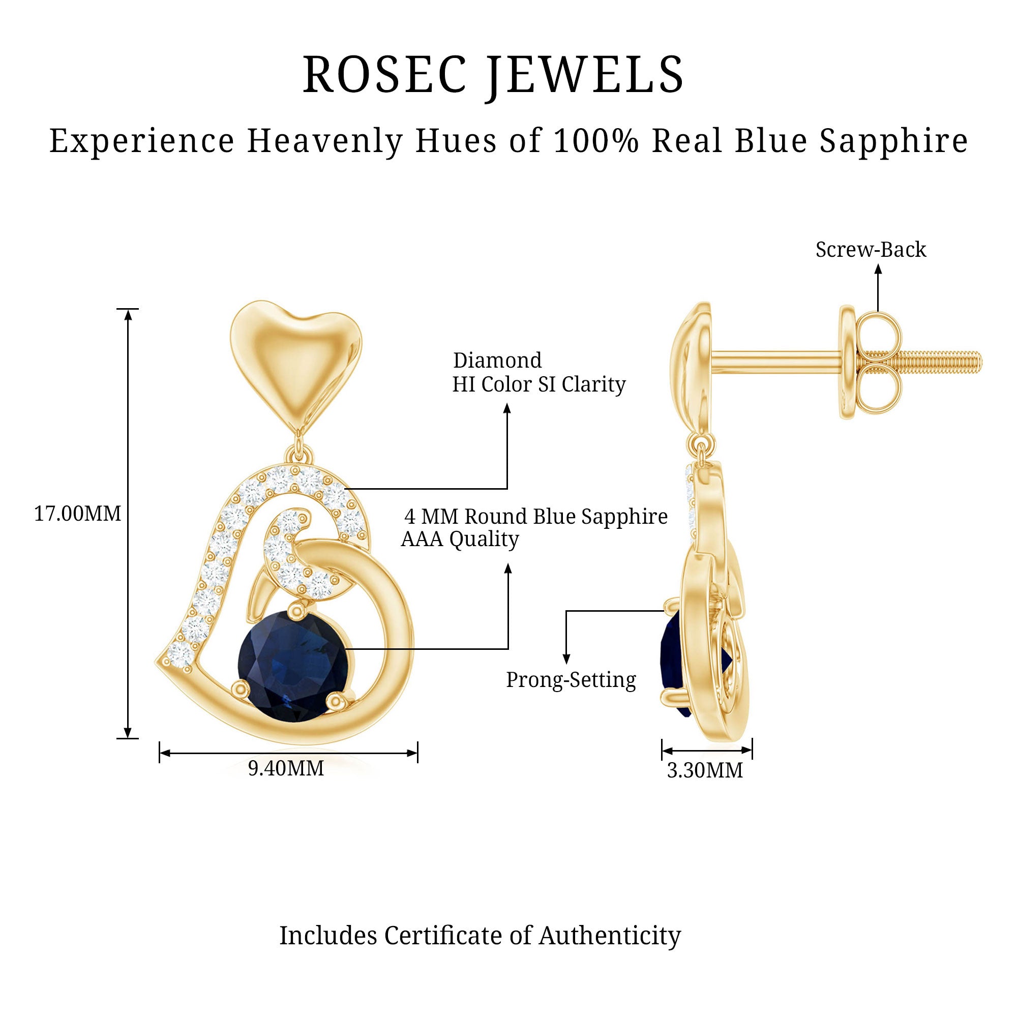 Real 0.8 Carat Blue Sapphire and Diamond Dangling Earrings AAA - Rosec Jewels