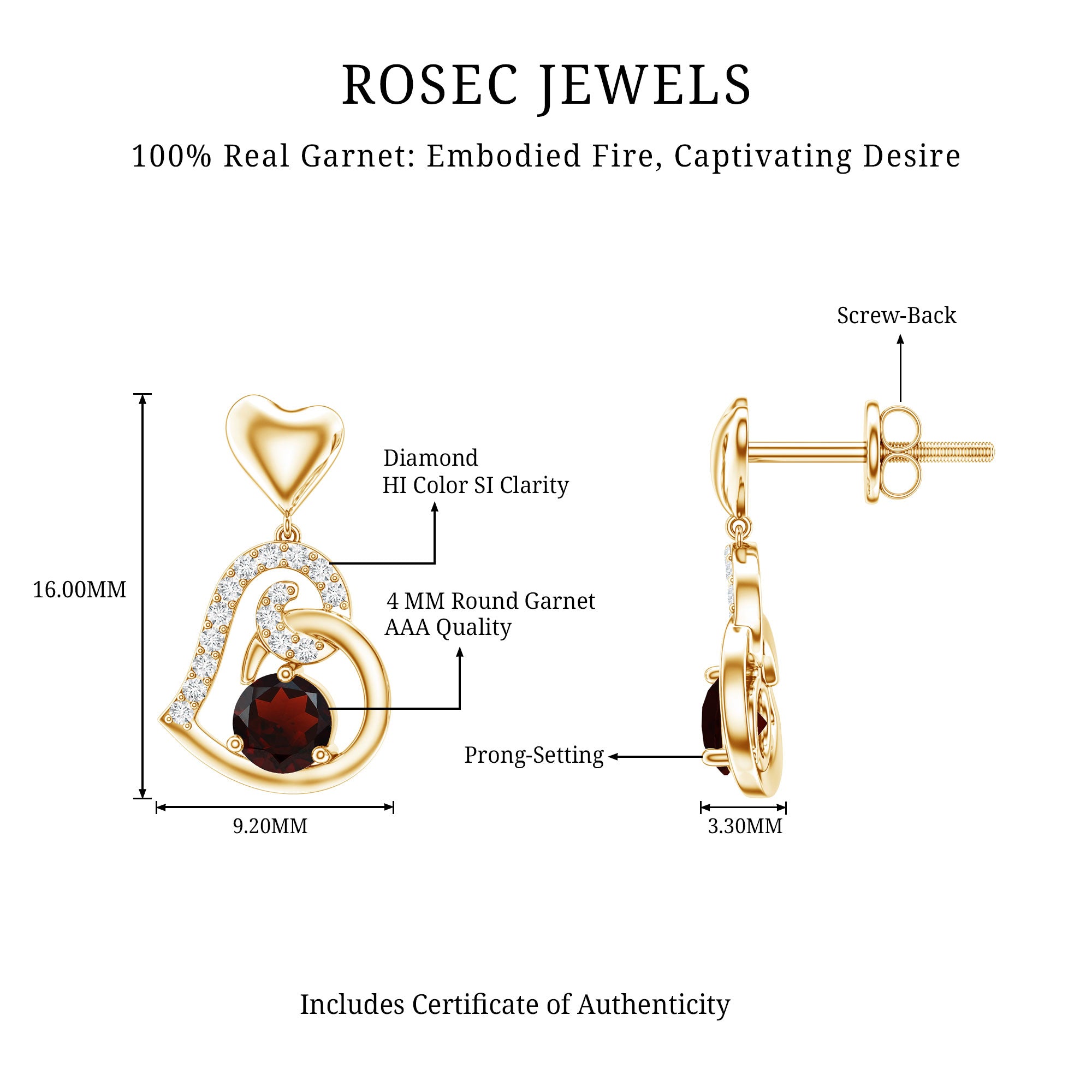 Garnet Heart Drop Earrings with Diamond Accent AAA - Rosec Jewels
