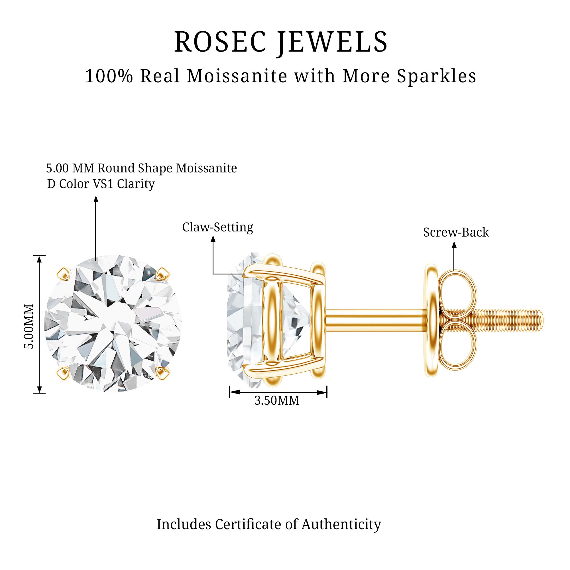 Round Moissanite 1 Carat Stud Earrings with Screw Back D-VS1 - Rosec Jewels