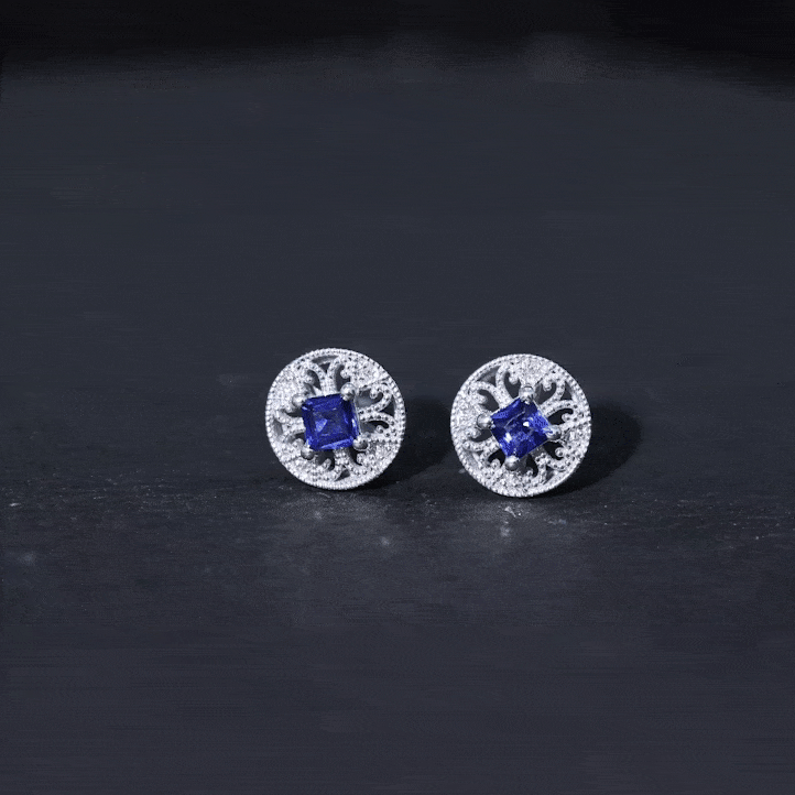 Antique Inspired Blue Sapphire and Diamond Stud Earrings AAA - Rosec Jewels