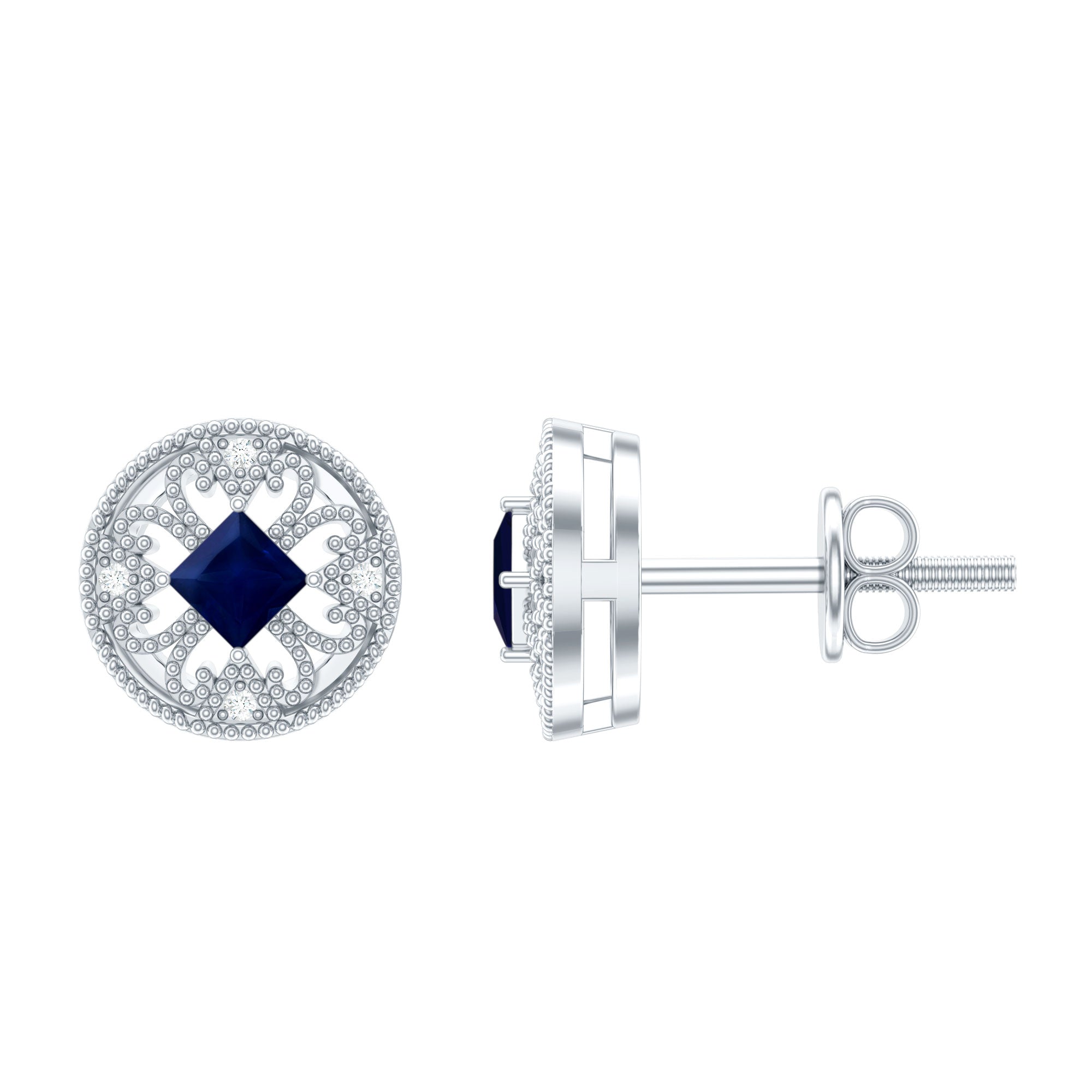 0.25 CT Antique Blue Sapphire and Diamond Beaded Stud Earrings