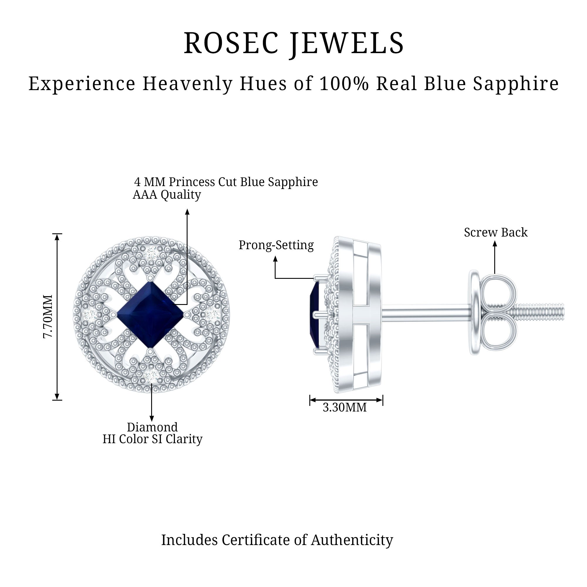 Antique Inspired Blue Sapphire and Diamond Stud Earrings AAA - Rosec Jewels