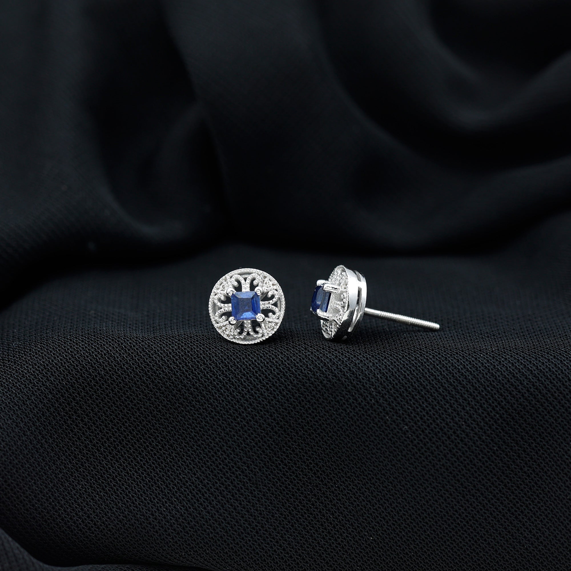 Antique Inspired Blue Sapphire and Diamond Stud Earrings AAA - Rosec Jewels