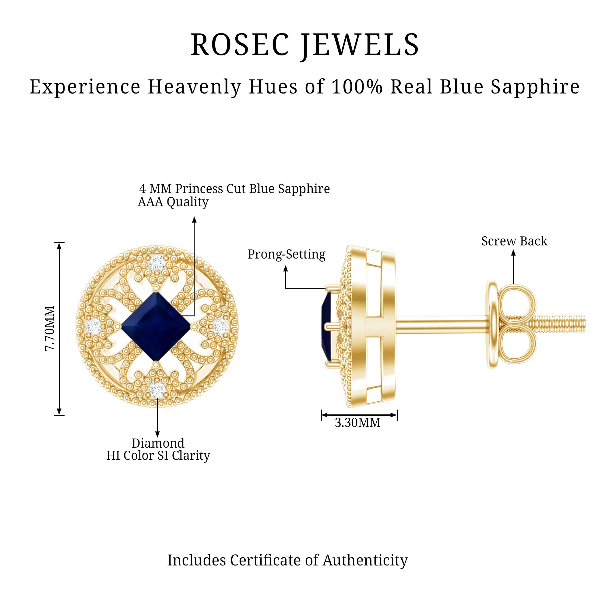 Antique Inspired Blue Sapphire and Diamond Stud Earrings AAA - Rosec Jewels