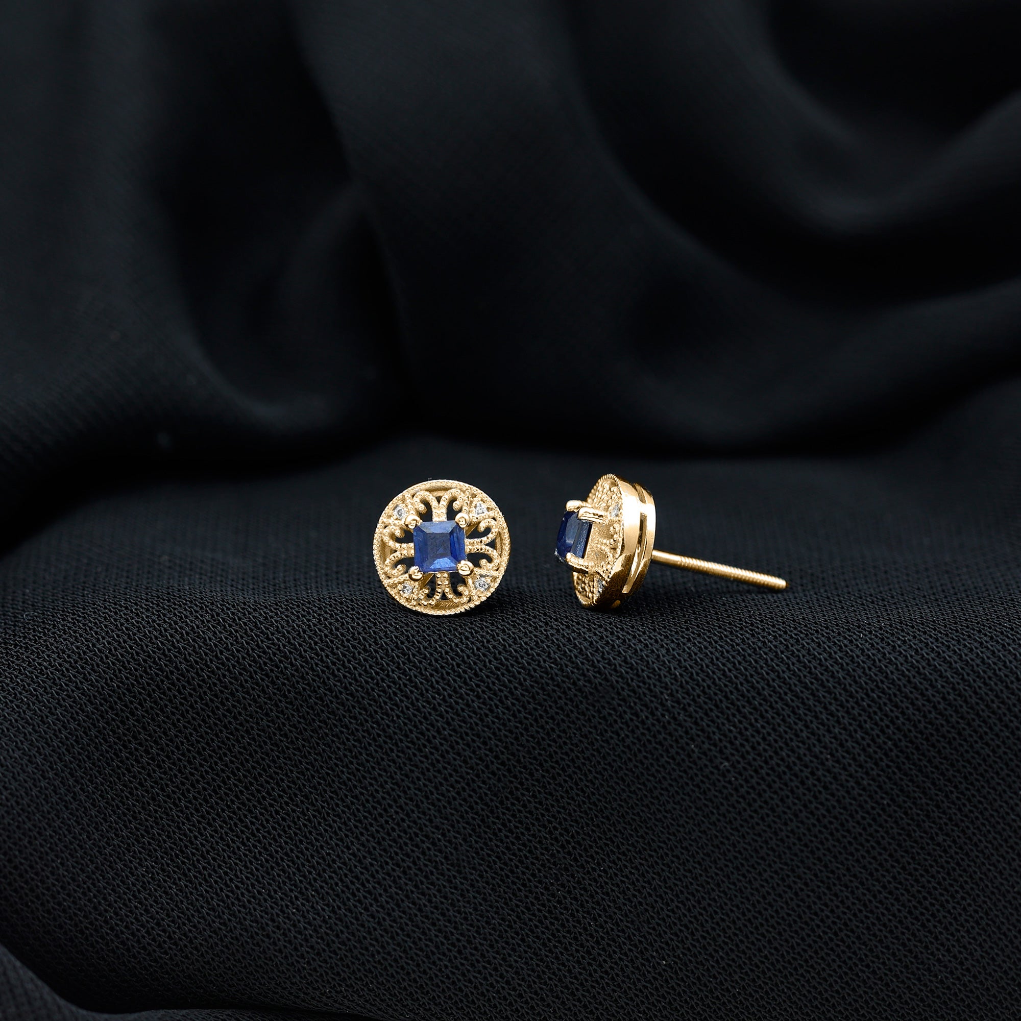 Antique Inspired Blue Sapphire and Diamond Stud Earrings AAA - Rosec Jewels