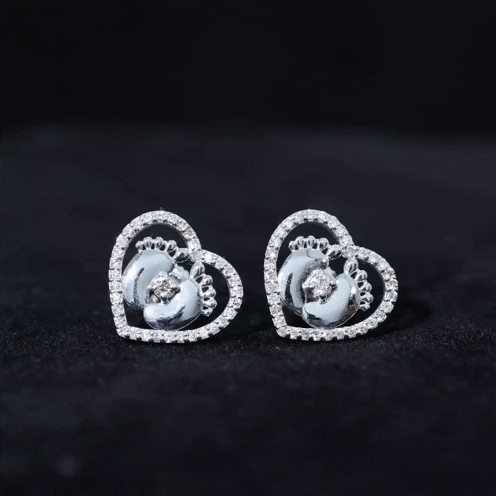 Diamond Heart Stud Earrings with Baby Feet Natural - ( HI-SI ) - Rosec Jewels