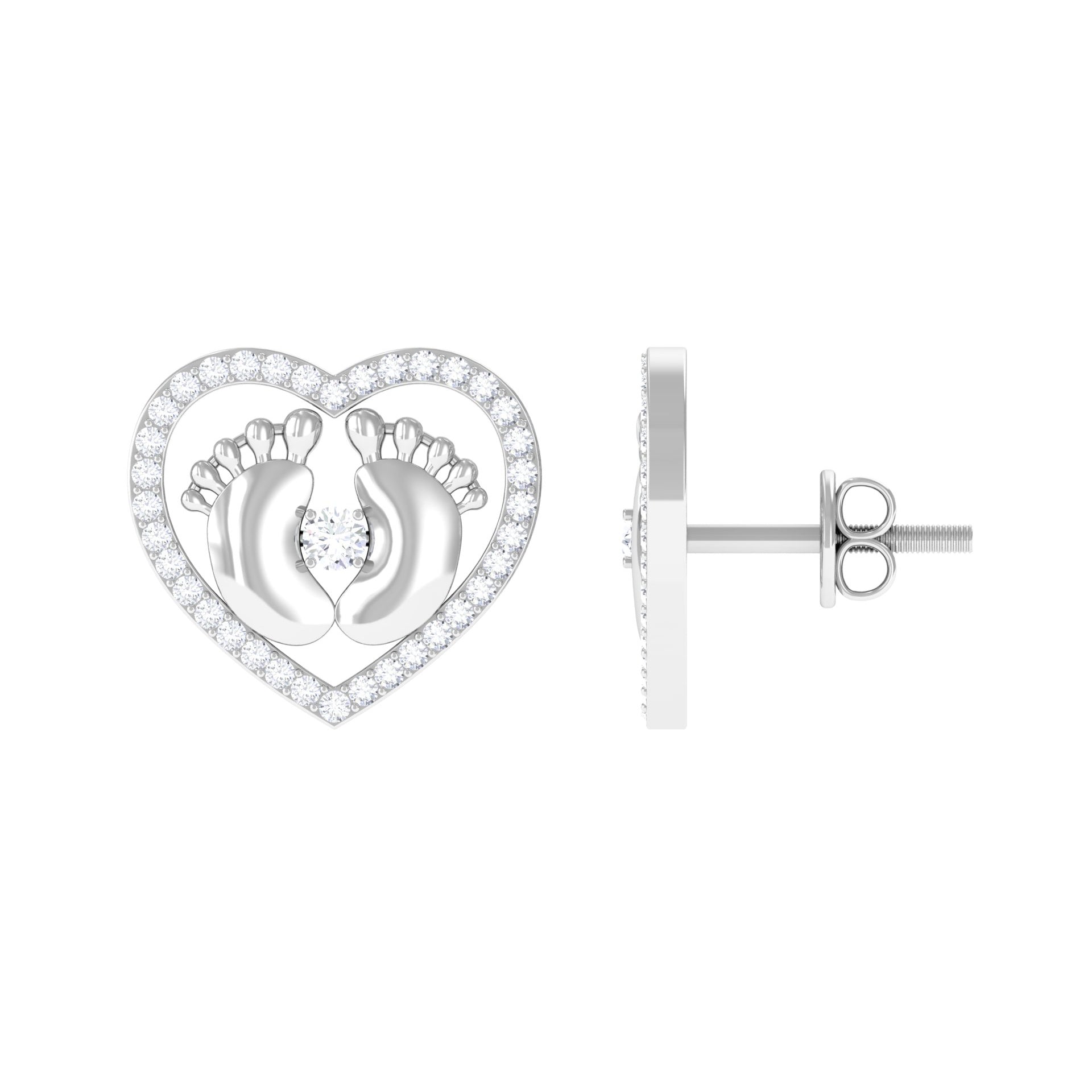 Diamond Heart Stud Earrings with Baby Feet Natural - ( HI-SI ) - Rosec Jewels