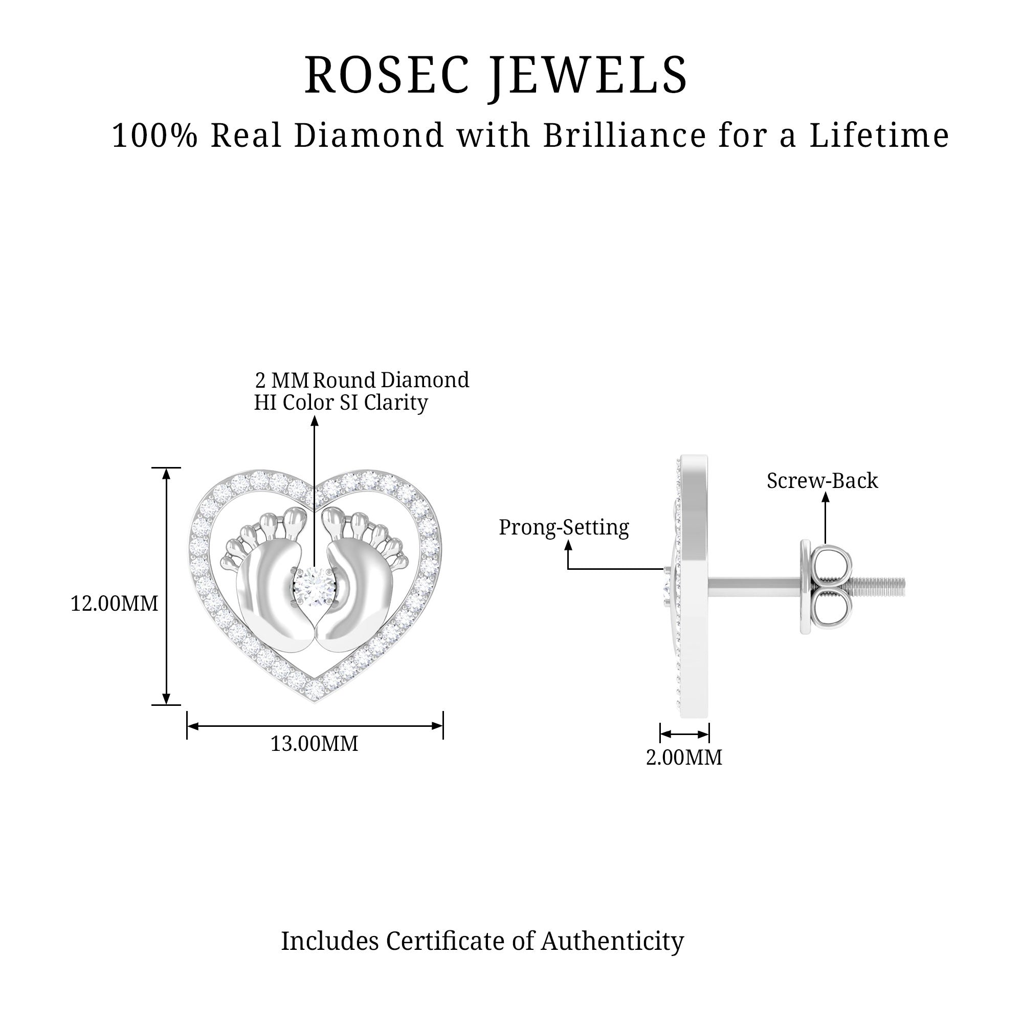 Diamond Heart Stud Earrings with Baby Feet Natural - ( HI-SI ) - Rosec Jewels
