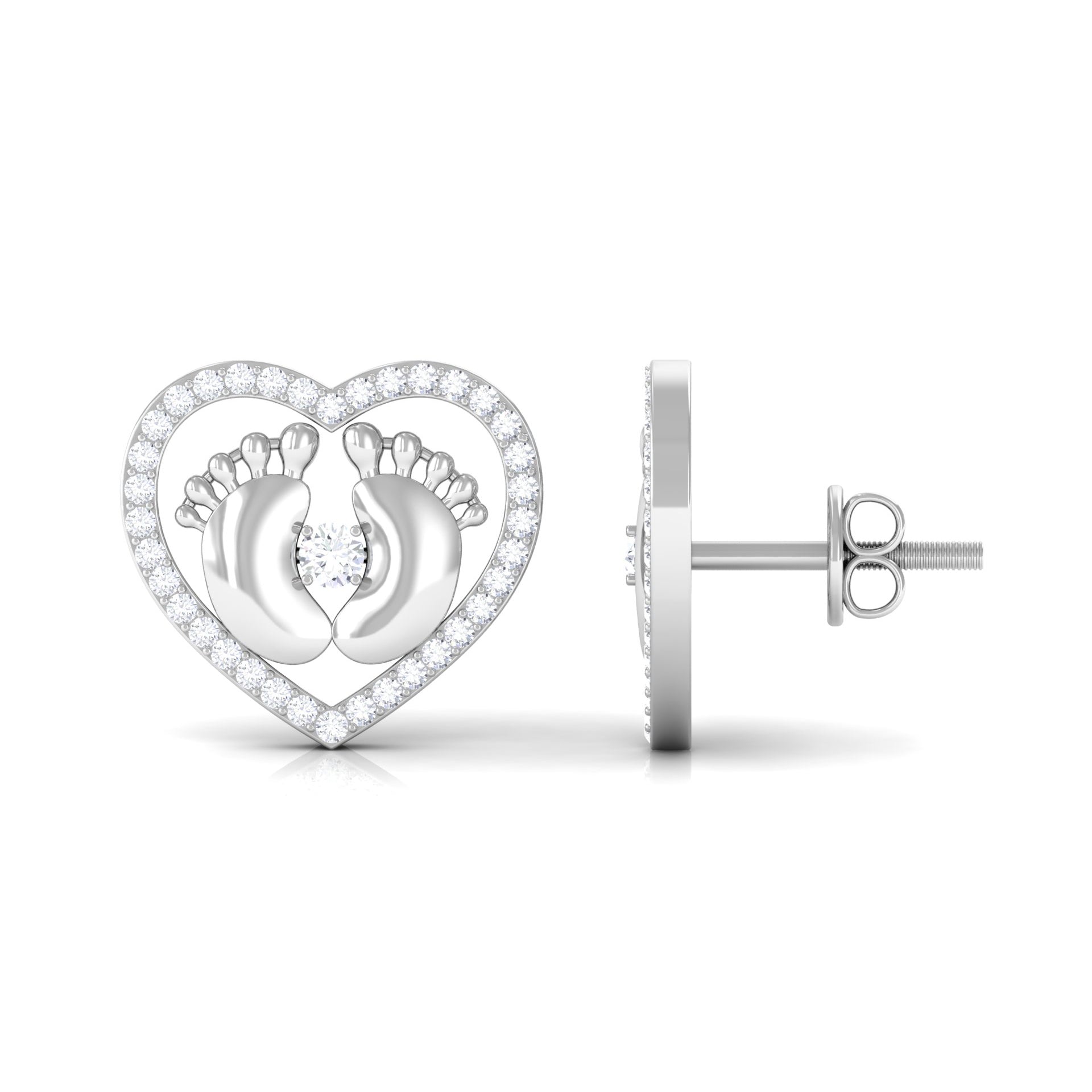 Diamond Heart Stud Earrings with Baby Feet Natural - ( HI-SI ) - Rosec Jewels
