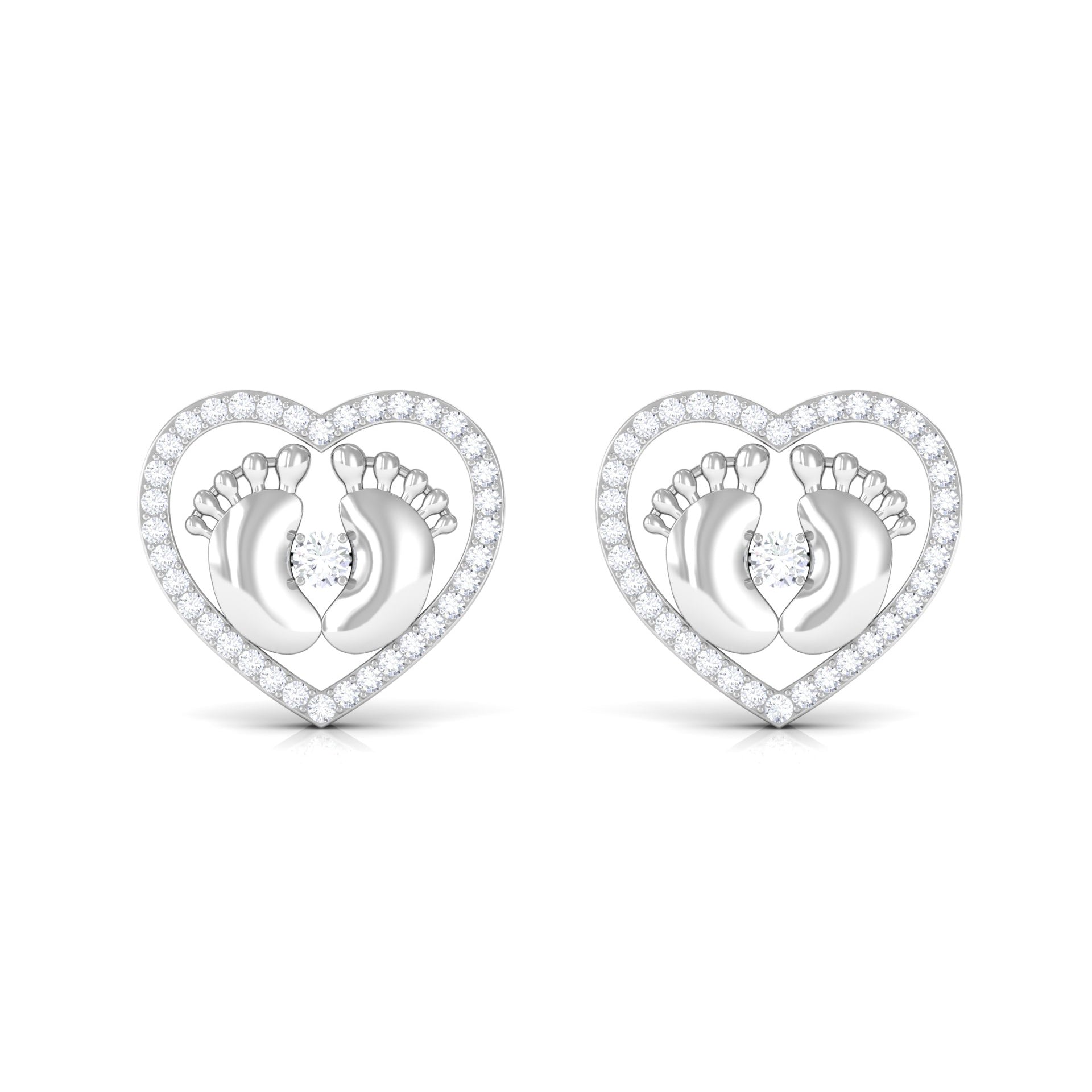 Diamond Heart Stud Earrings with Baby Feet Natural - ( HI-SI ) - Rosec Jewels