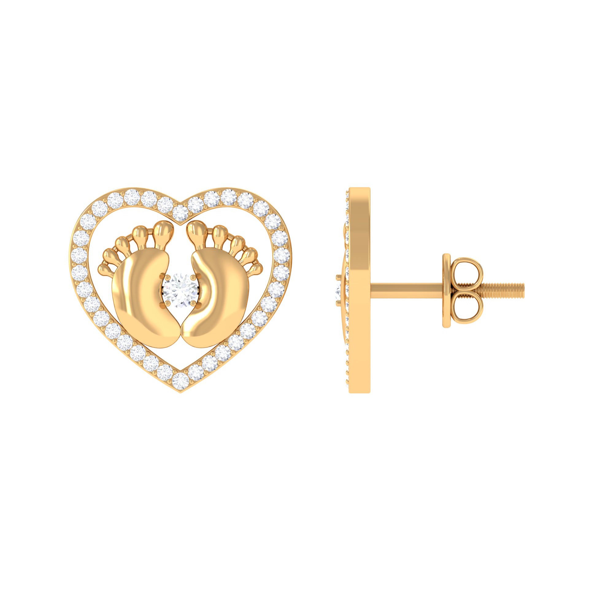 Rosec Jewels-Diamond Heart Stud Earrings with Gold Baby Feet