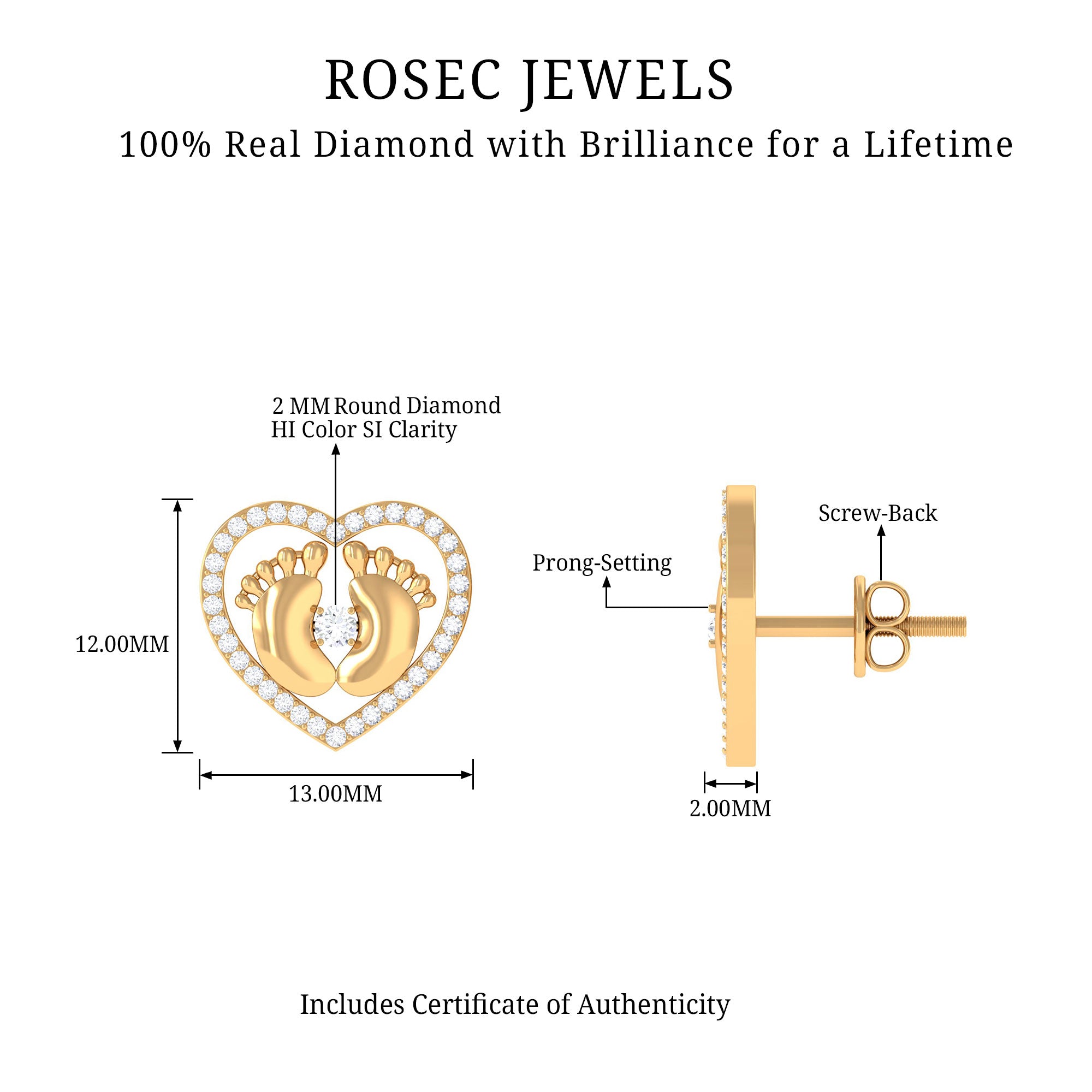 Diamond Heart Stud Earrings with Baby Feet Natural - ( HI-SI ) - Rosec Jewels