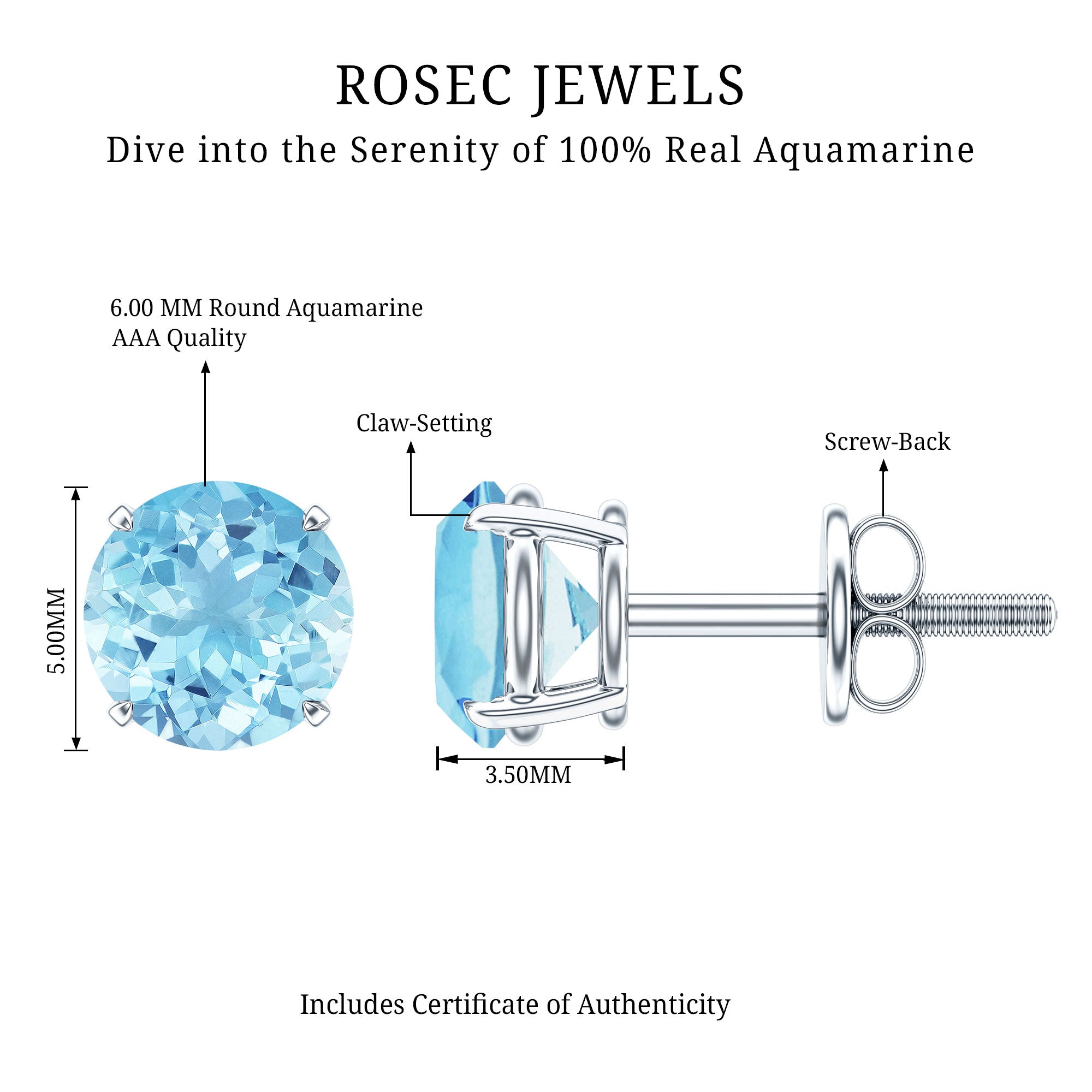 Certified Natural Aquamarine Everyday Earrings with Screw Back AAA - Rosec Jewels