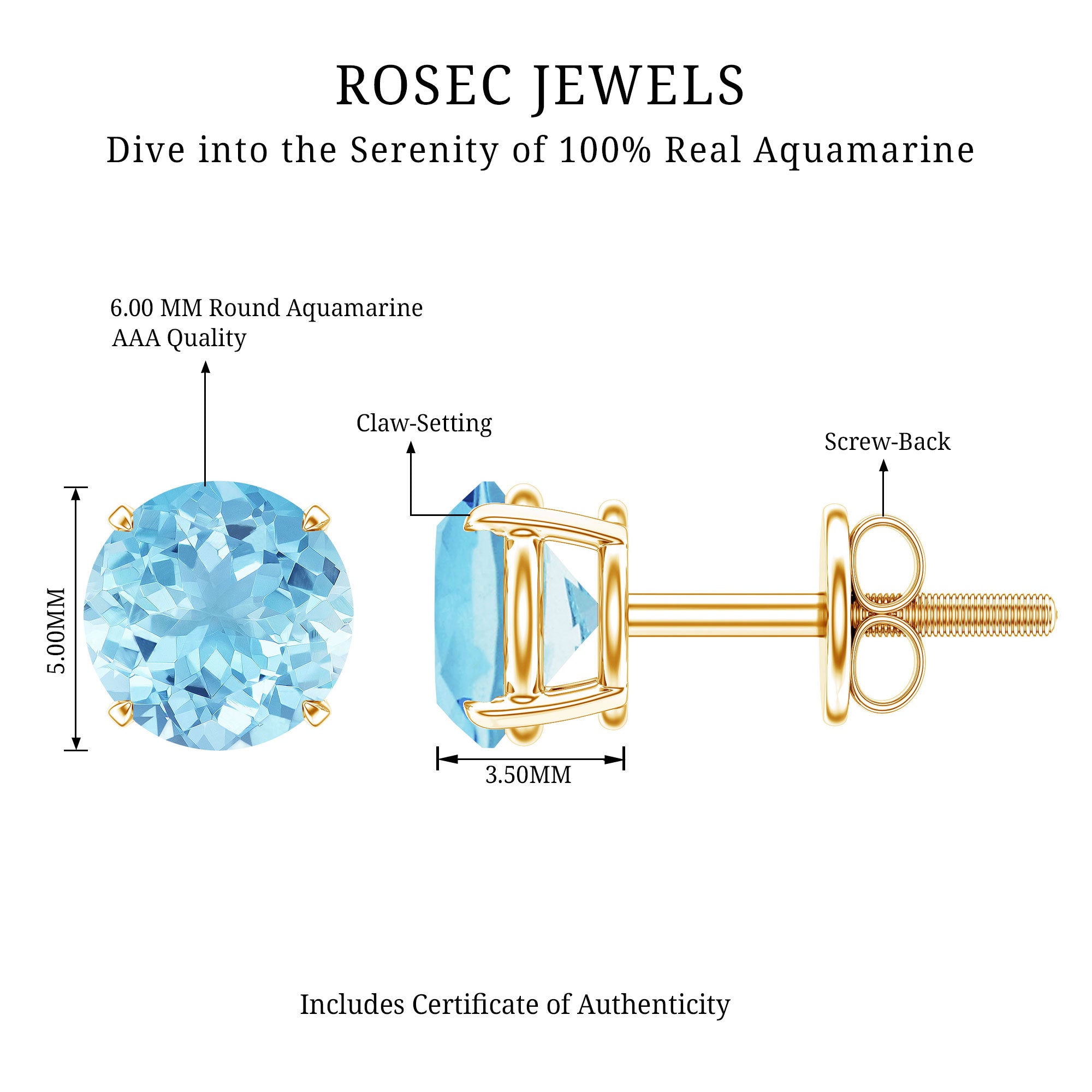 Certified Natural Aquamarine Everyday Earrings with Screw Back AAA - Rosec Jewels