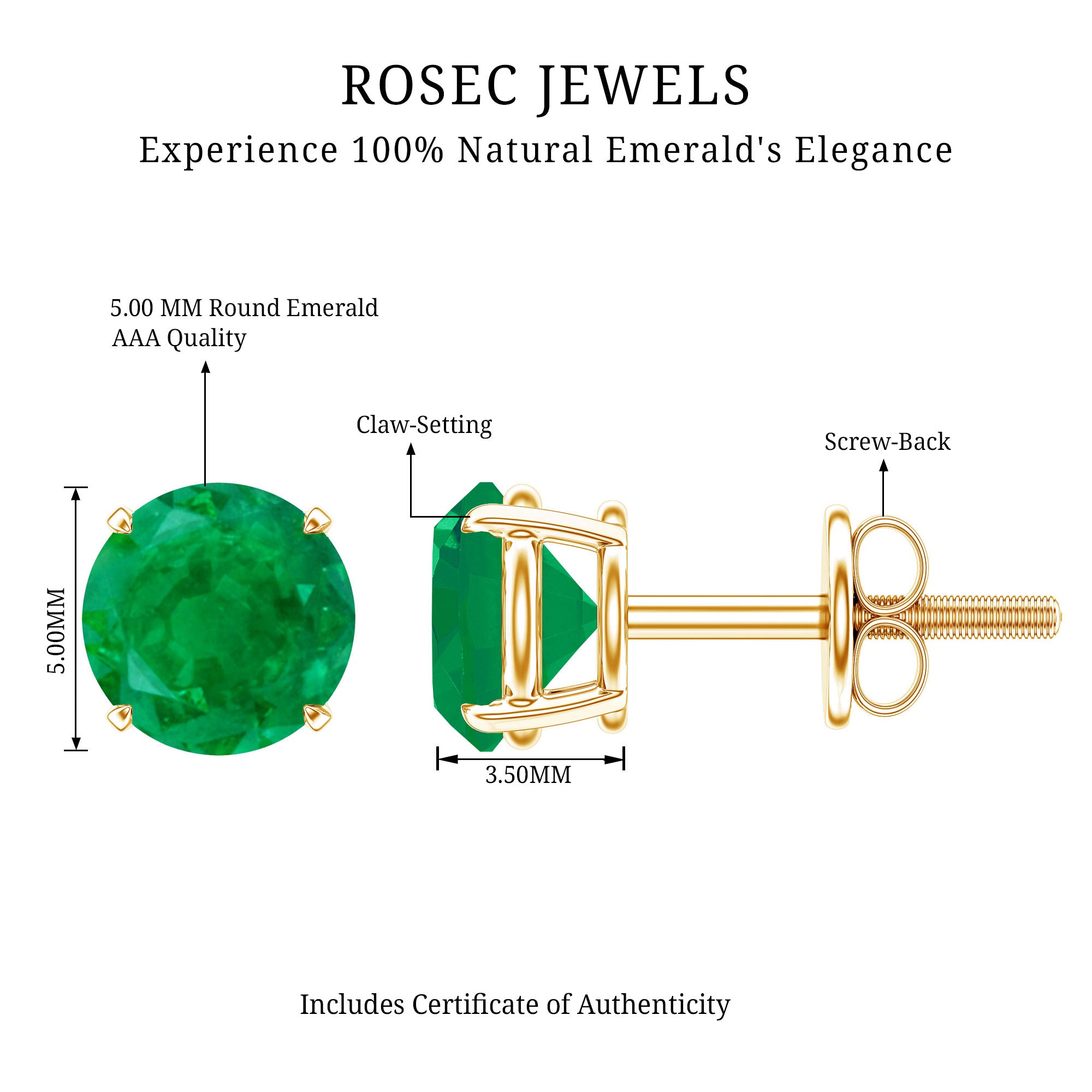 Natural Emerald Stud Earrings with Screw Back AAA - Rosec Jewels