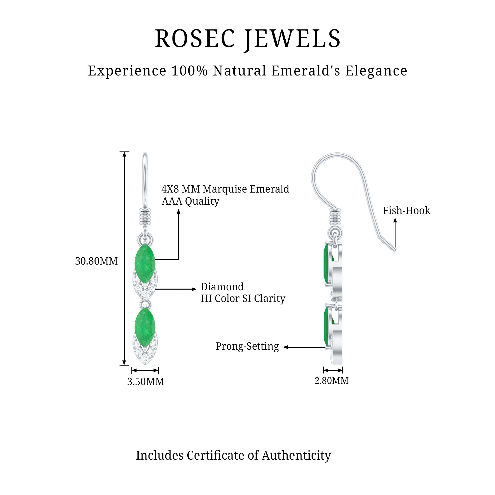 Marquise Cut Emerald Dangle Earrings with Diamond AAA - Rosec Jewels