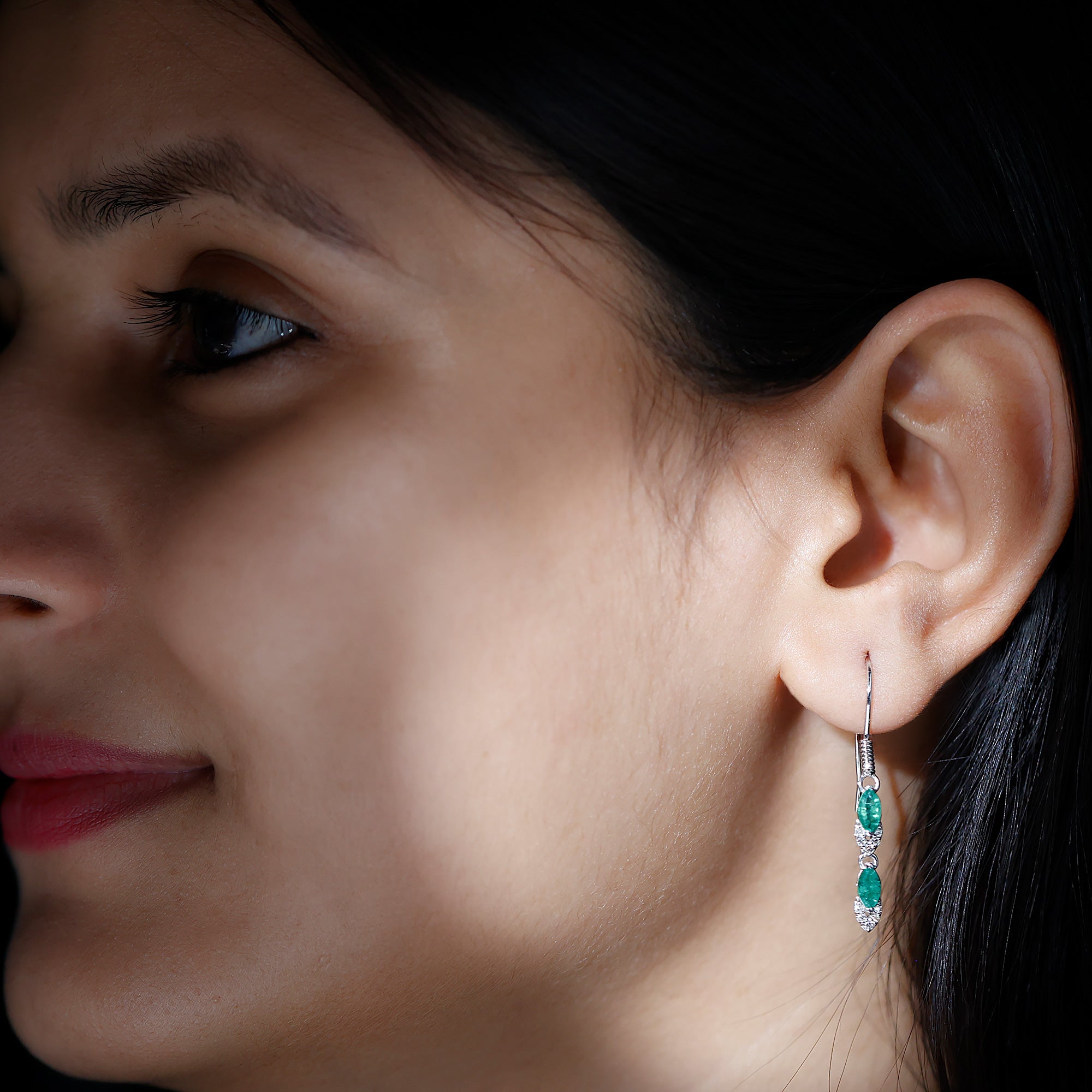 Marquise Cut Emerald Dangle Earrings with Diamond AAA - Rosec Jewels