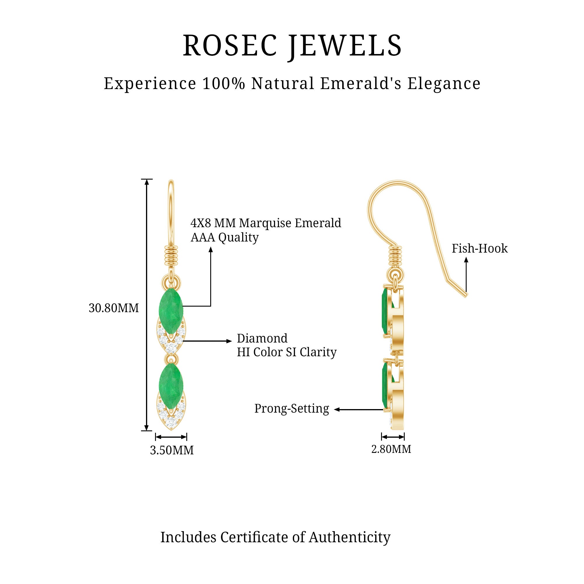 Marquise Cut Emerald Dangle Earrings with Diamond AAA - Rosec Jewels