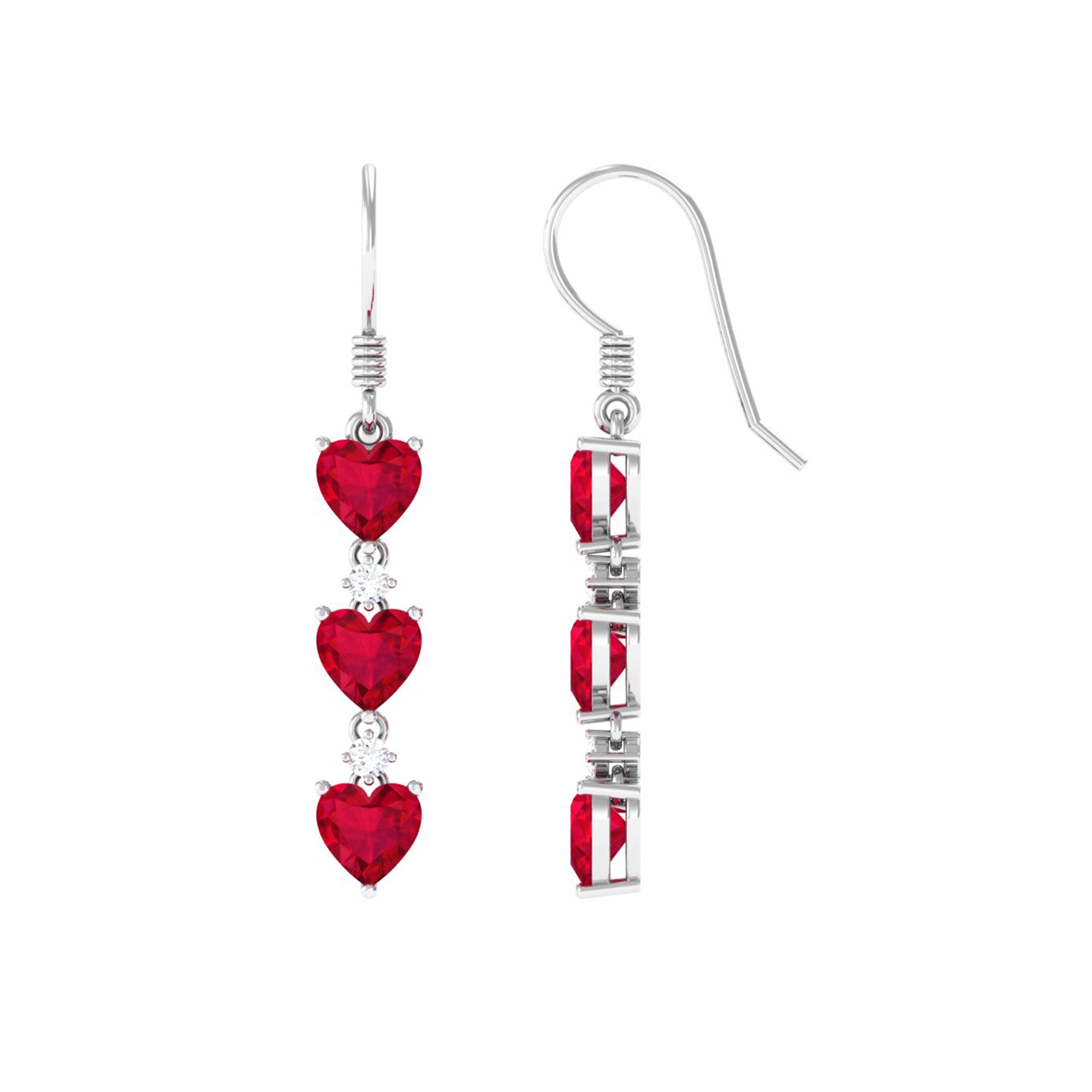 Lab Grown Ruby Heart Dangle Earrings with Diamond AAAA - Rosec Jewels