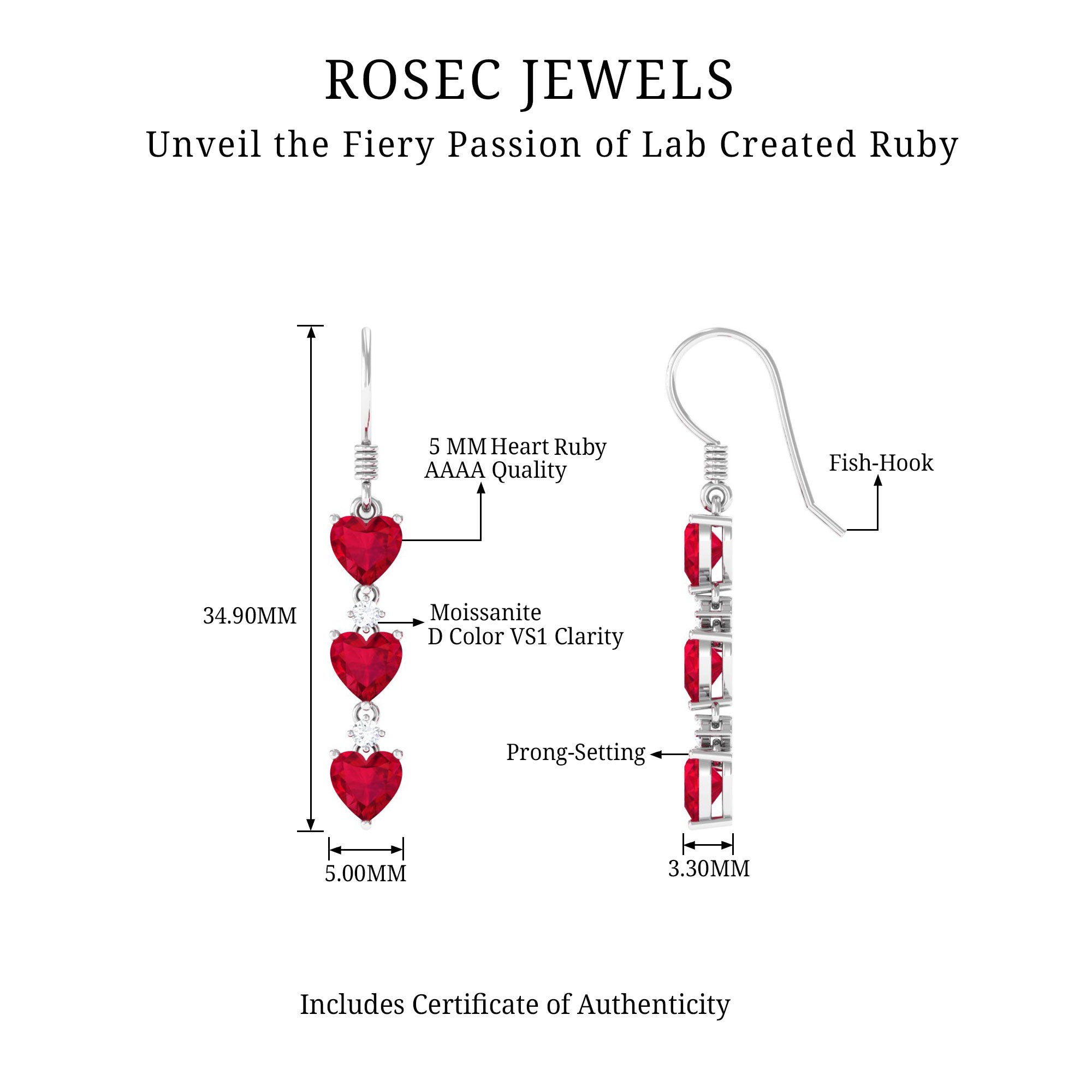 Lab Grown Ruby Heart Dangle Earrings with Diamond AAAA - Rosec Jewels
