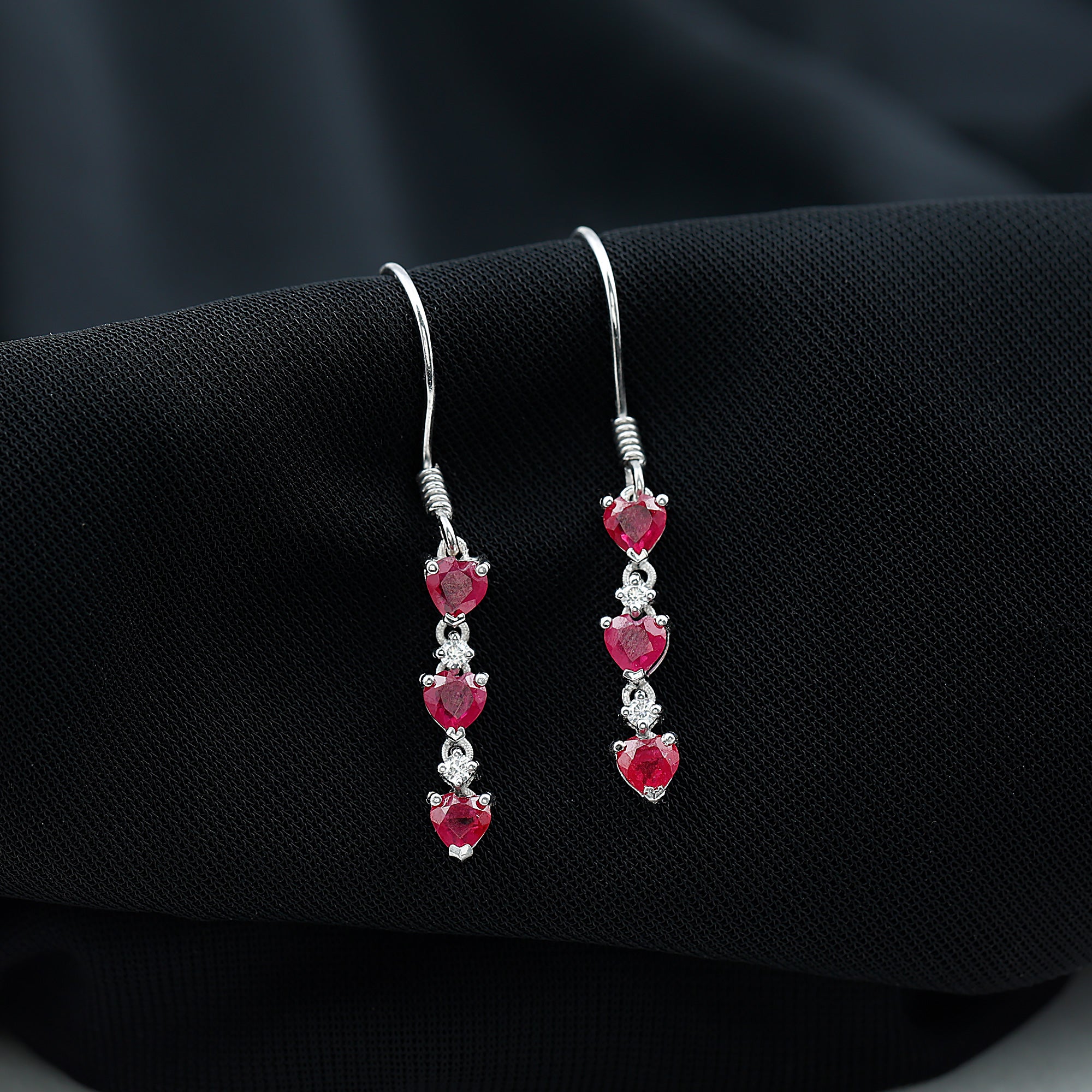 Lab Grown Ruby Heart Dangle Earrings with Diamond AAAA - Rosec Jewels