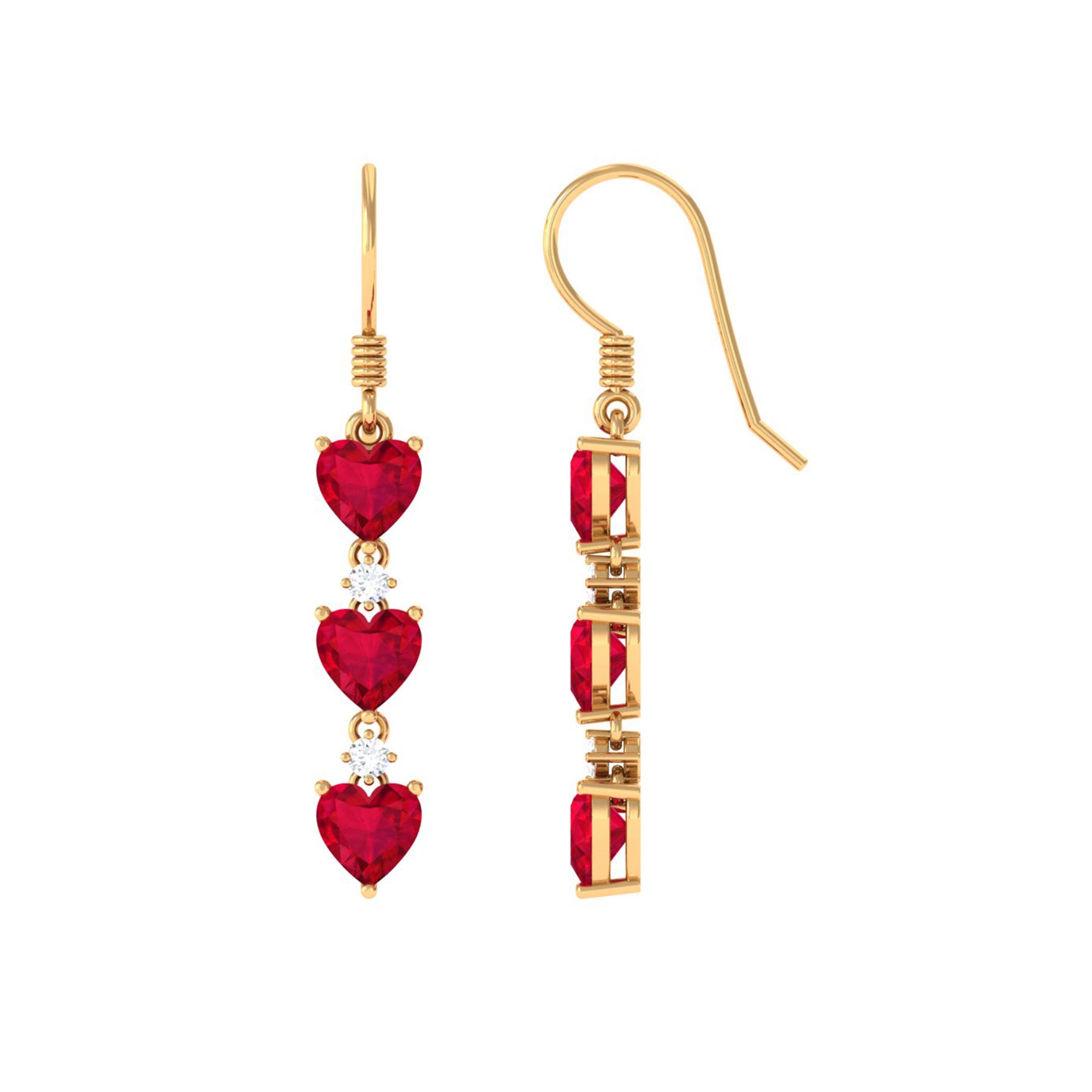 Lab Grown Ruby Heart Dangle Earrings with Diamond AAAA - Rosec Jewels