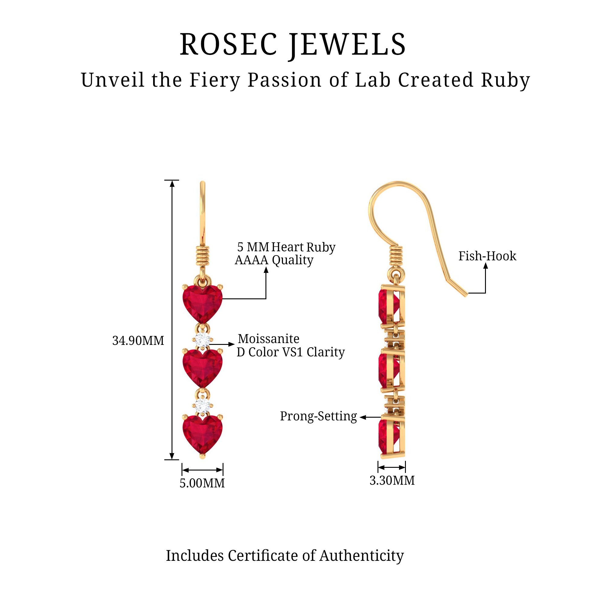 Lab Grown Ruby Heart Dangle Earrings with Diamond AAAA - Rosec Jewels