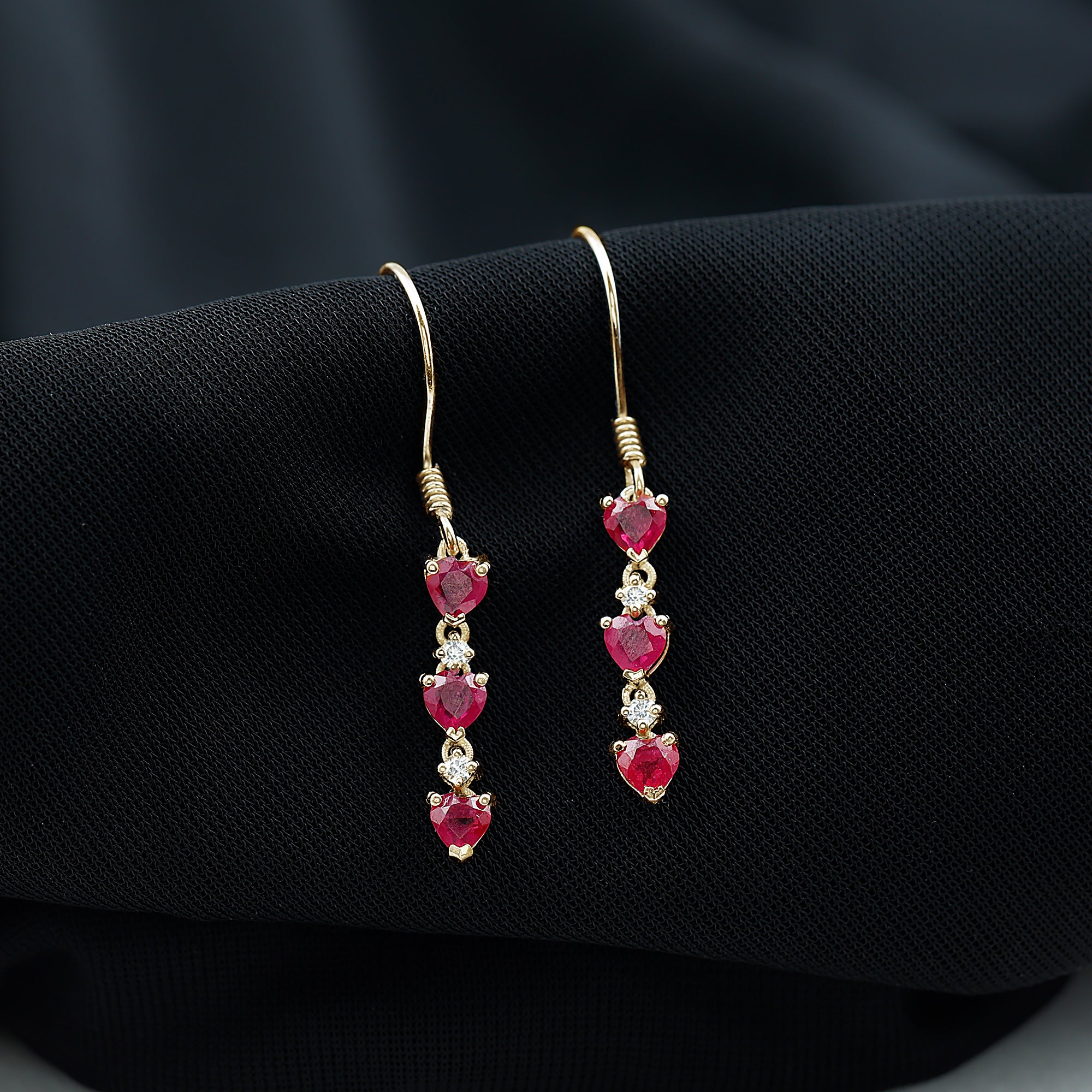 Lab Grown Ruby Heart Dangle Earrings with Diamond AAAA - Rosec Jewels