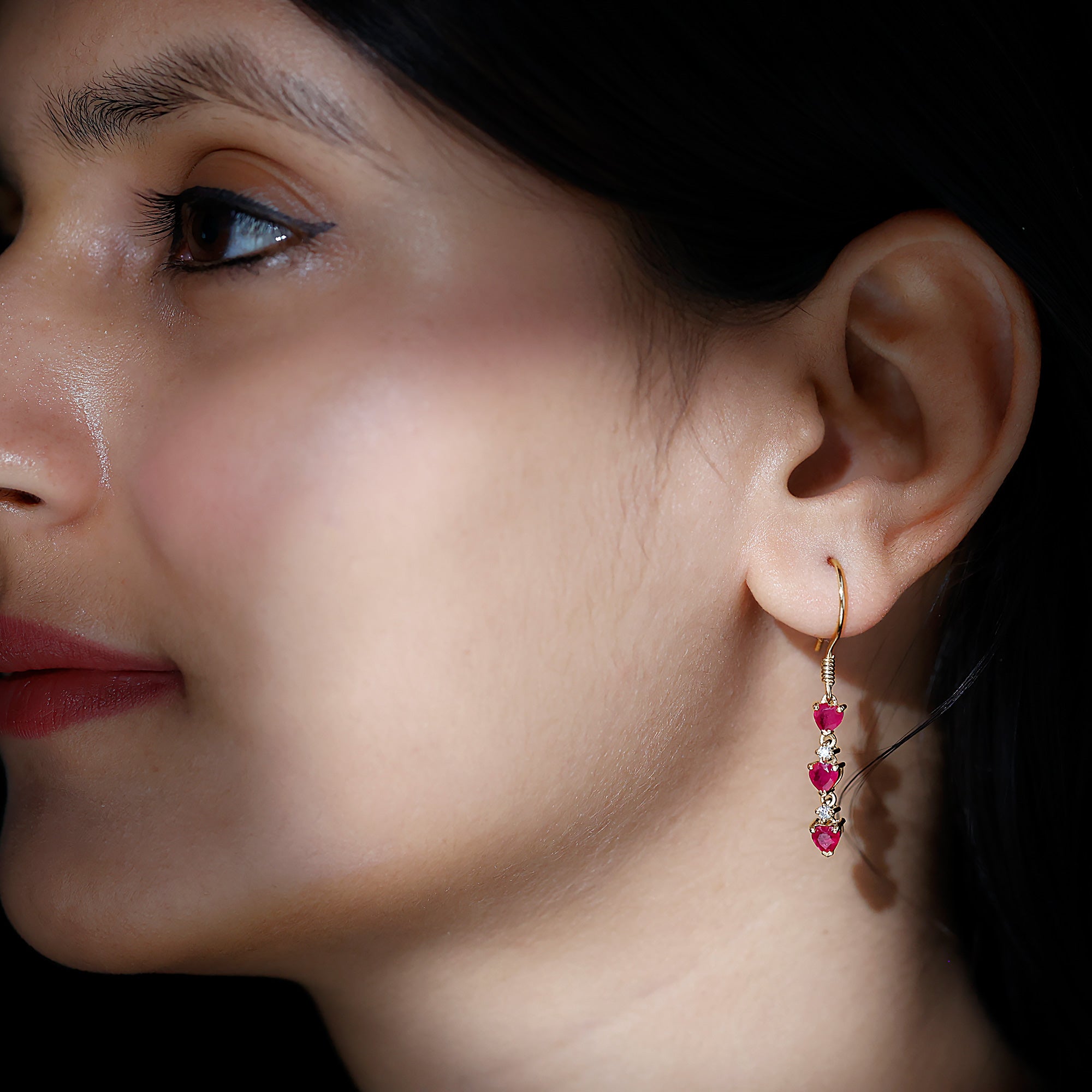 Lab Grown Ruby Heart Dangle Earrings with Diamond AAAA - Rosec Jewels