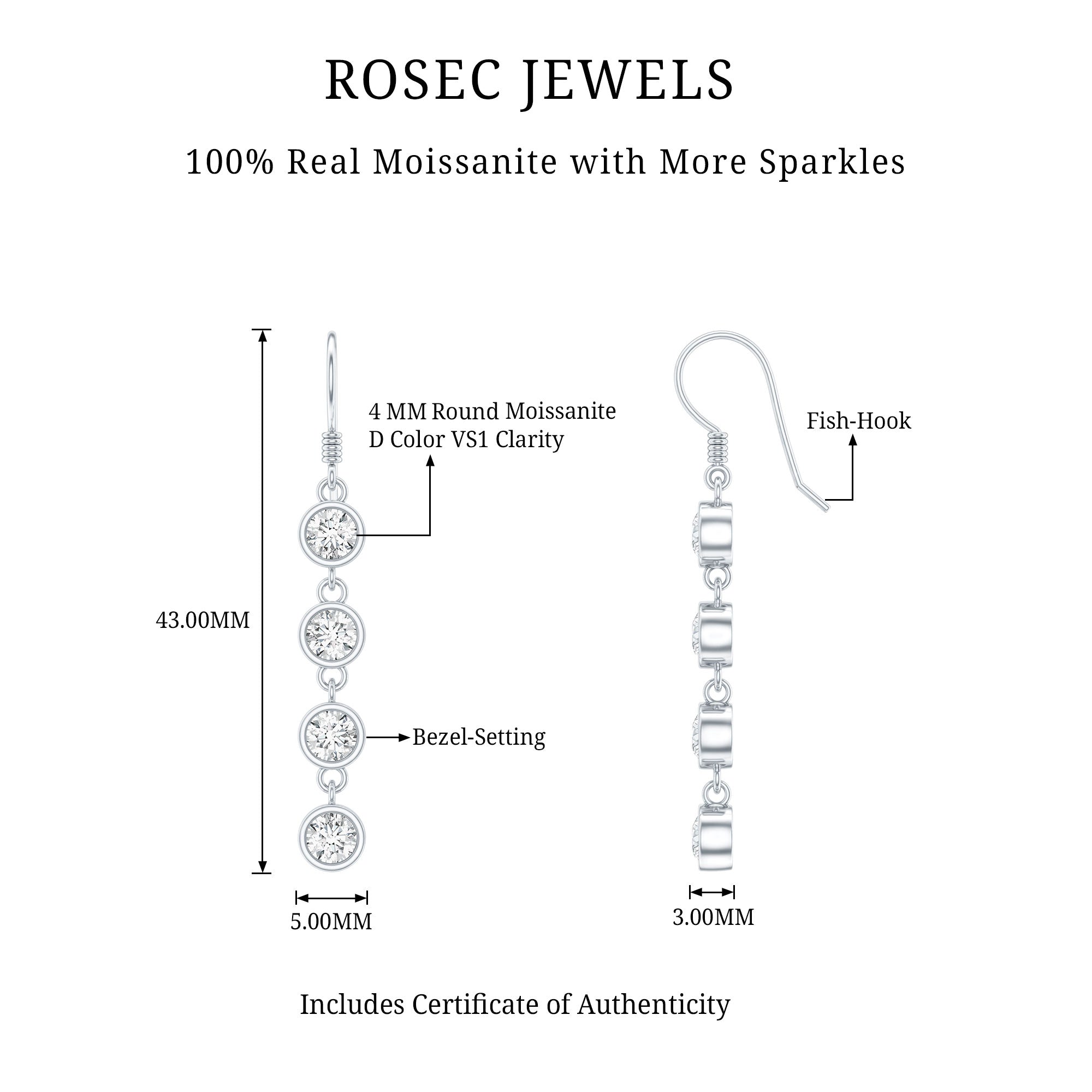 Bezel Set Round Moissanite Simple Dangle Earrings D-VS1 - Rosec Jewels