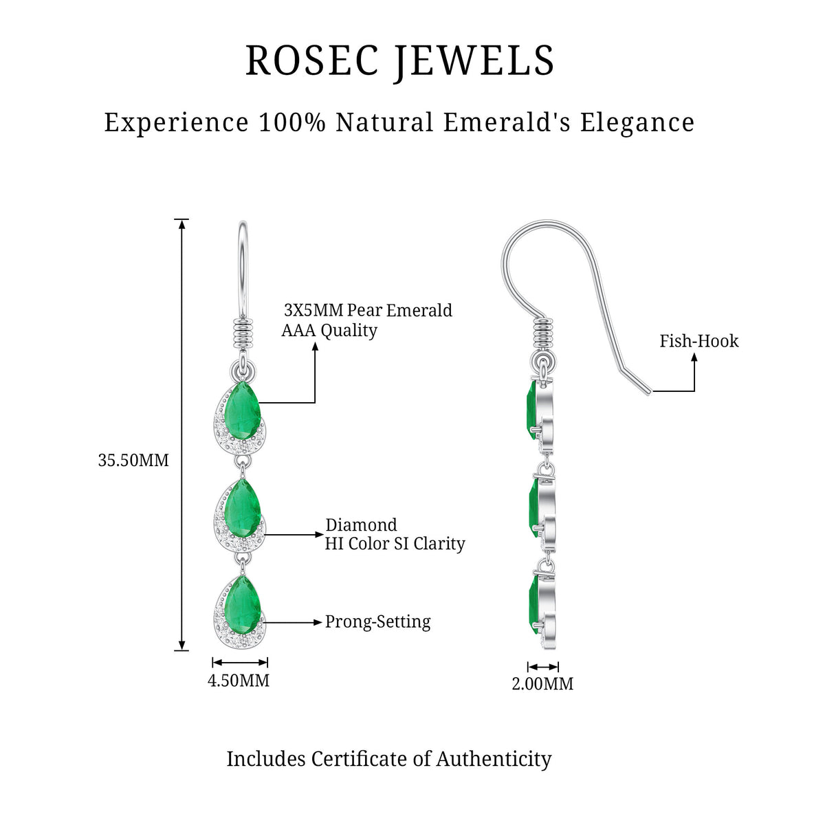Pear Cut Emerald Dangle Earrings with Diamond AAA - Rosec Jewels