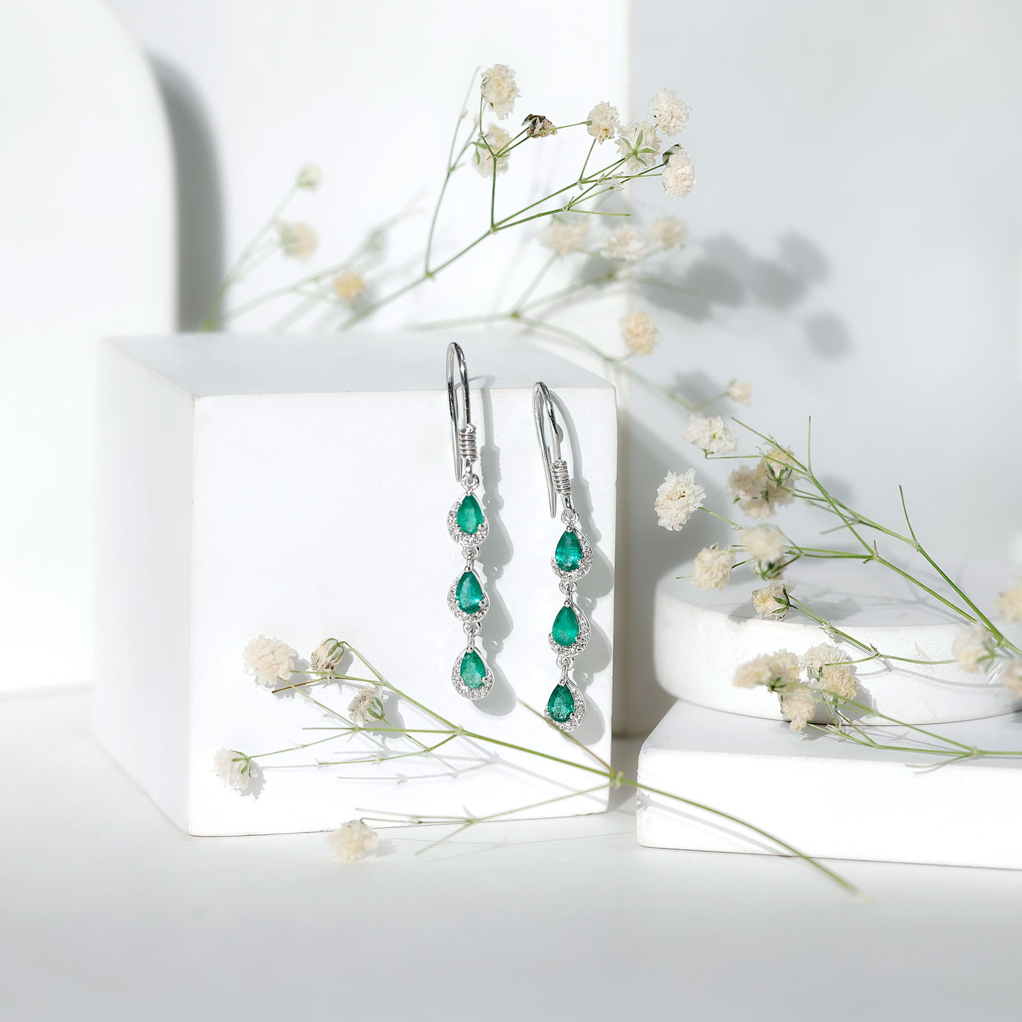 Pear Cut Emerald Dangle Earrings with Diamond AAA - Rosec Jewels