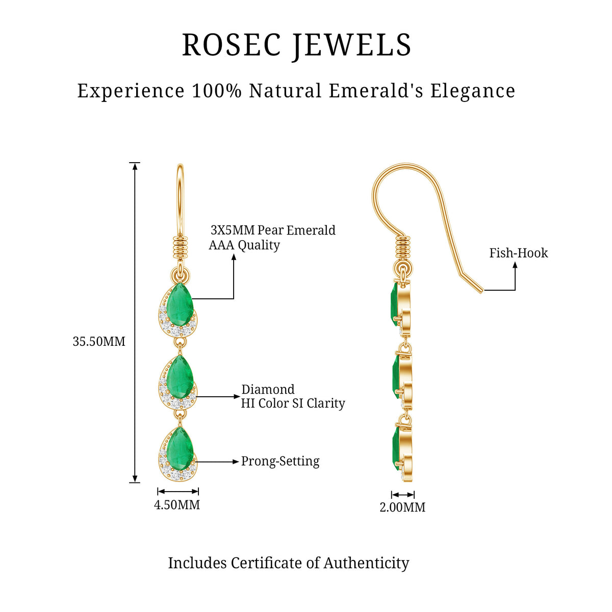 Pear Cut Emerald Dangle Earrings with Diamond AAA - Rosec Jewels
