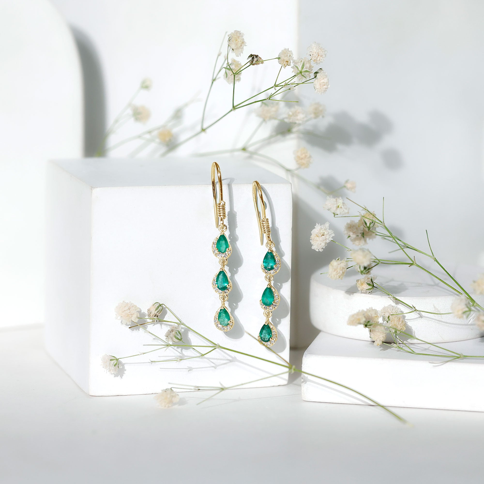 Pear Cut Emerald Dangle Earrings with Diamond AAA - Rosec Jewels