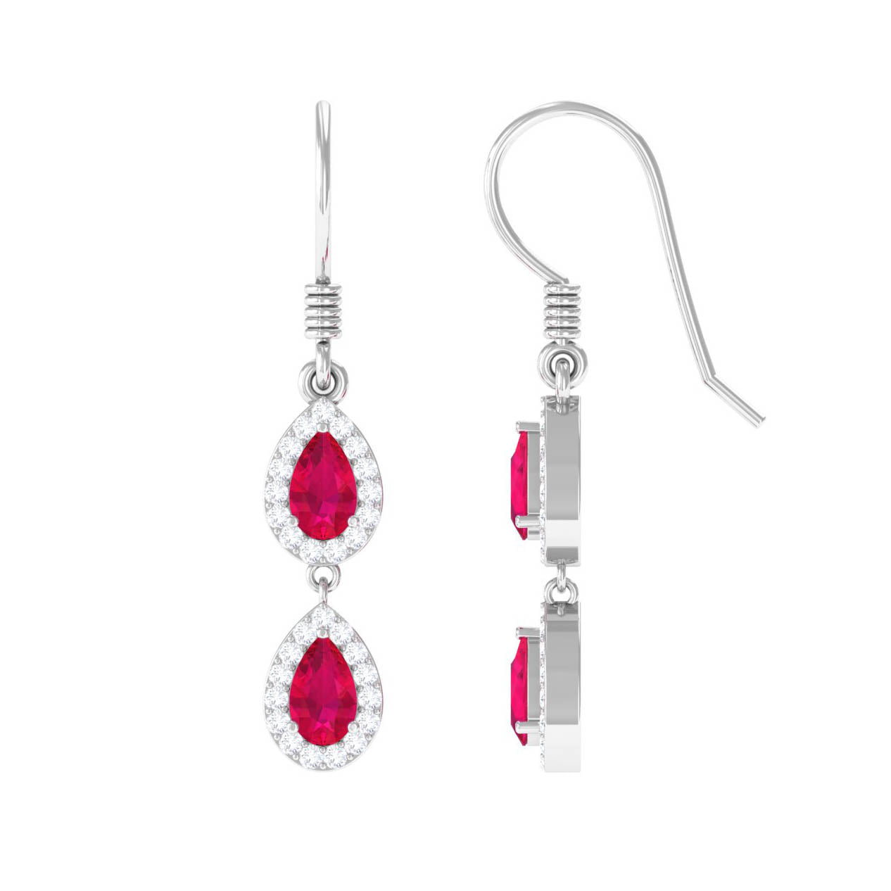 Ruby and Diamond Dangle Earrings with Fish Hook