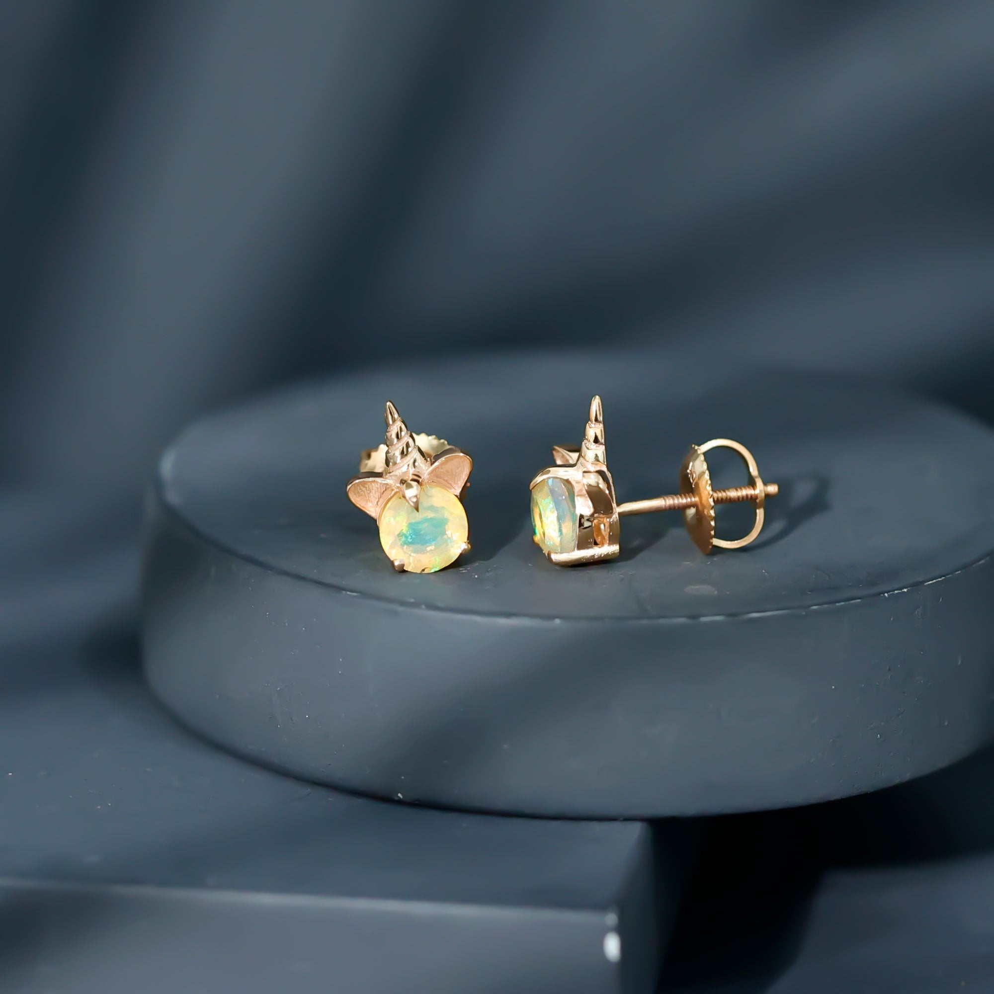 1 Carat Ethiopian Opal Unicorn Stud Earrings for Women AAA - Rosec Jewels