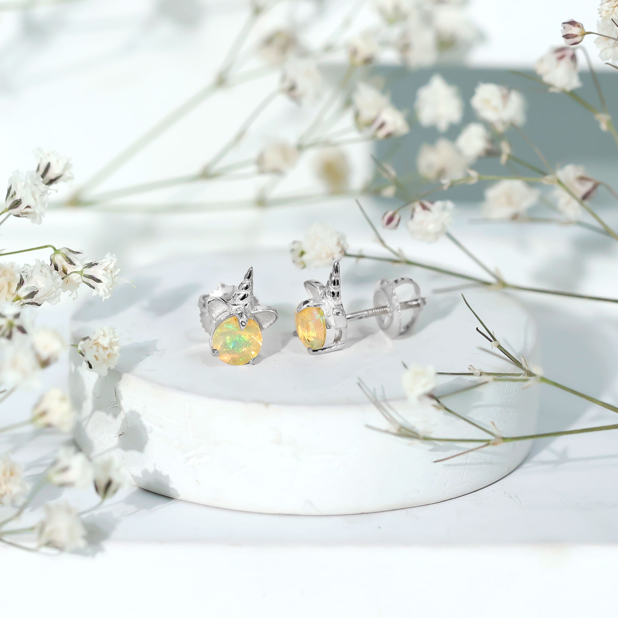 1 Carat Ethiopian Opal Unicorn Stud Earrings for Women AAA - Rosec Jewels
