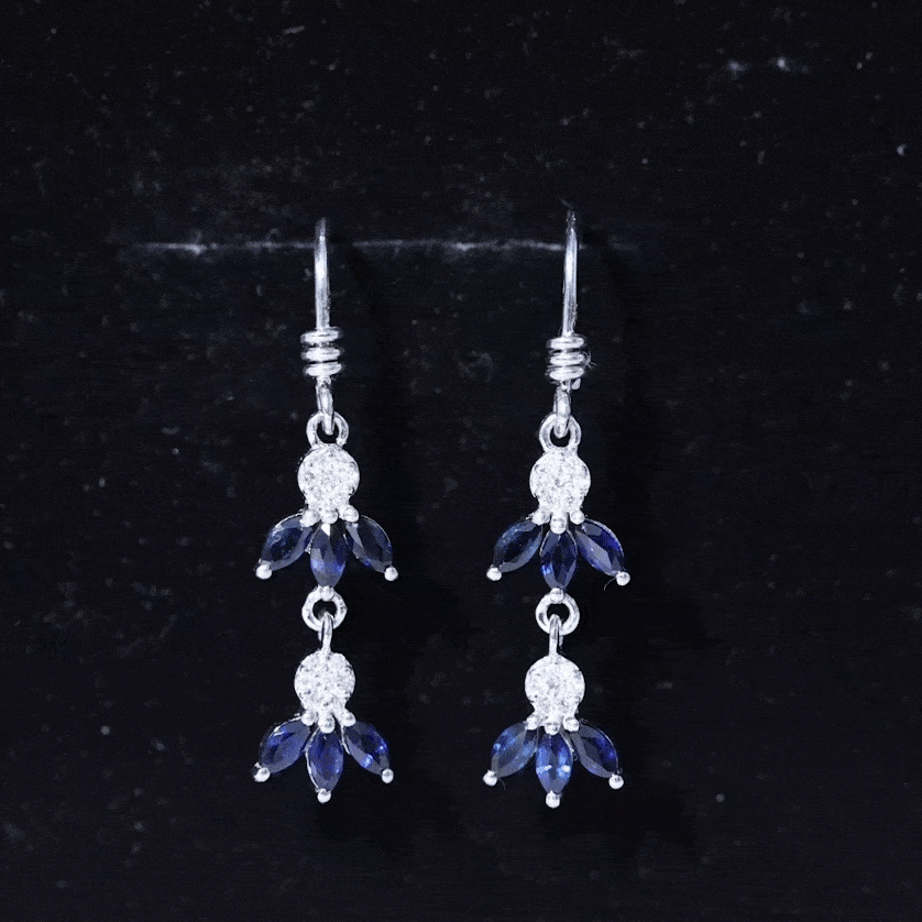 Natural Blue Sapphire and Diamond Leaf Dangle Earrings AAA - Rosec Jewels