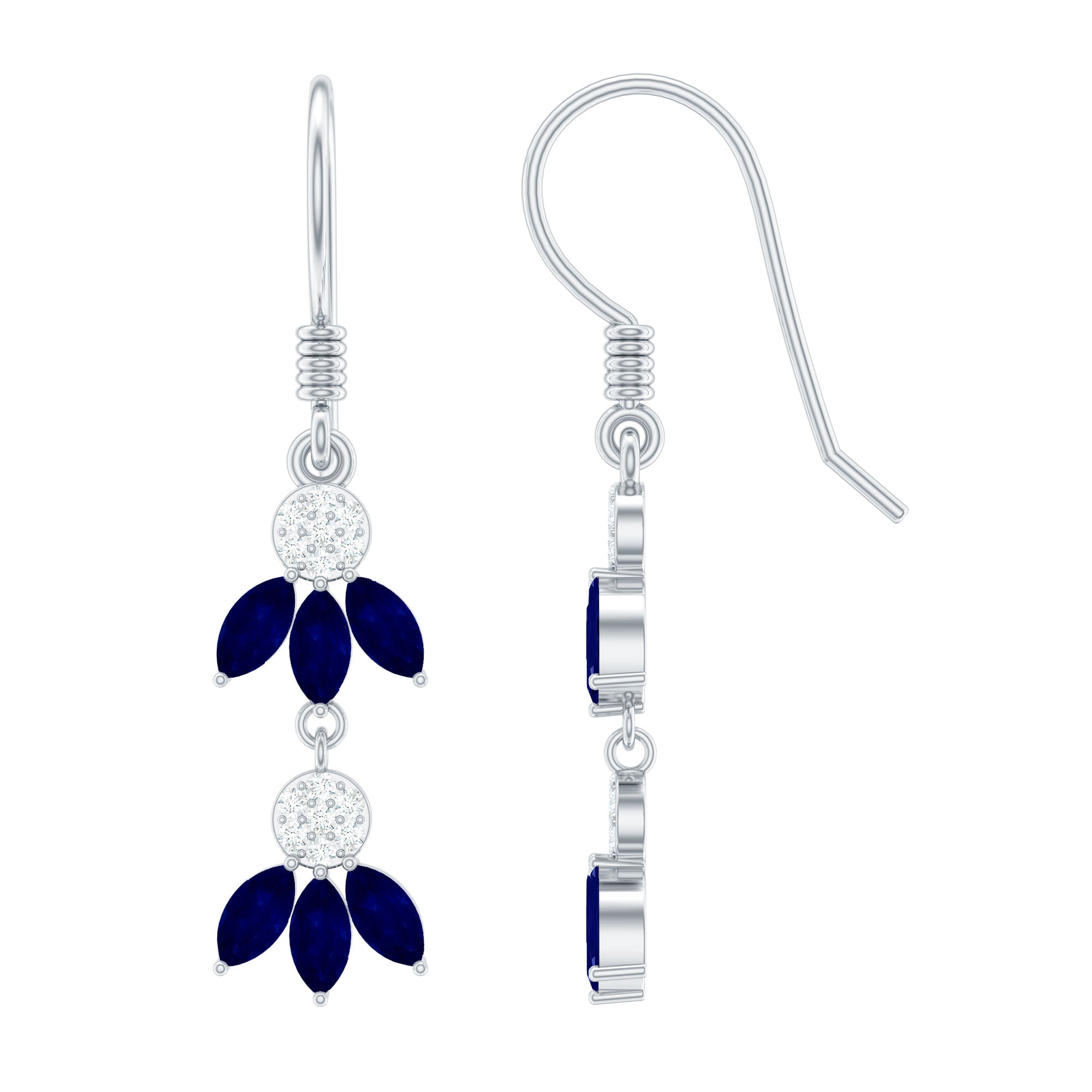 Natural Blue Sapphire and Diamond Leaf Dangle Earrings AAA - Rosec Jewels