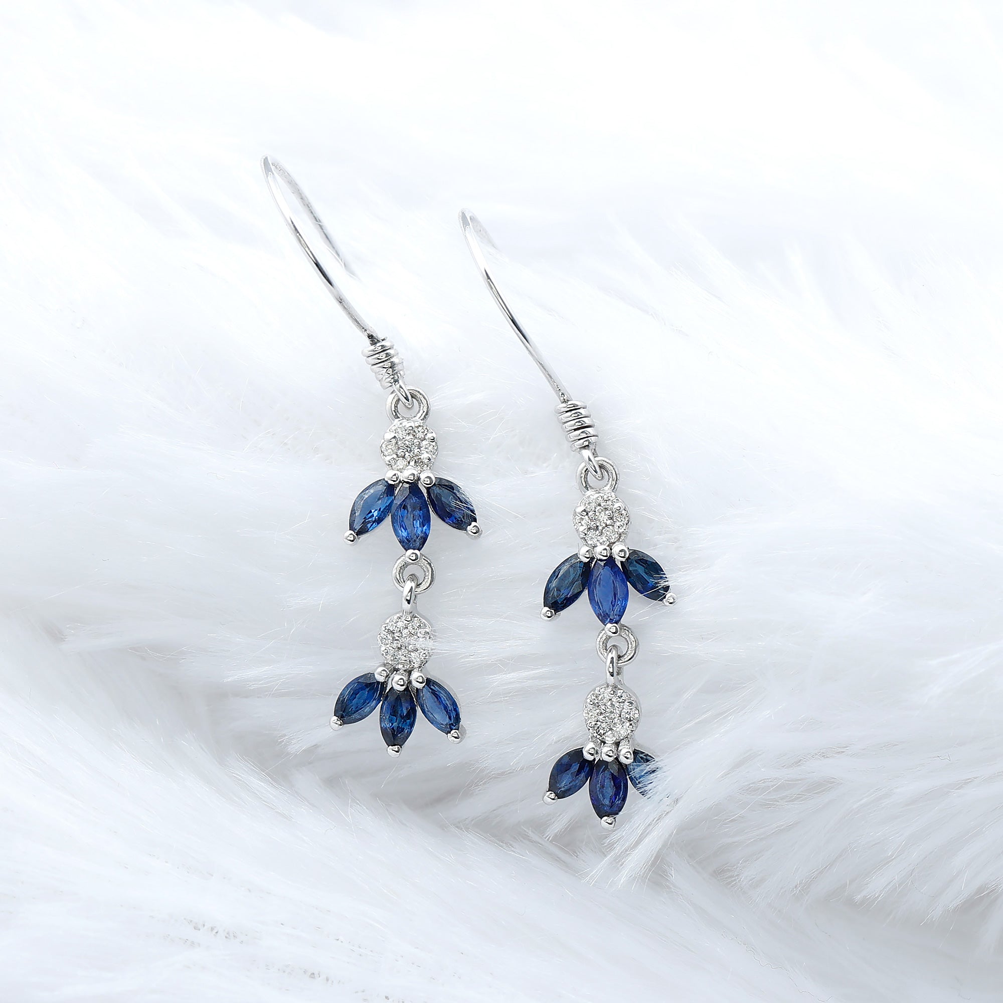 Natural Blue Sapphire and Diamond Leaf Dangle Earrings AAA - Rosec Jewels