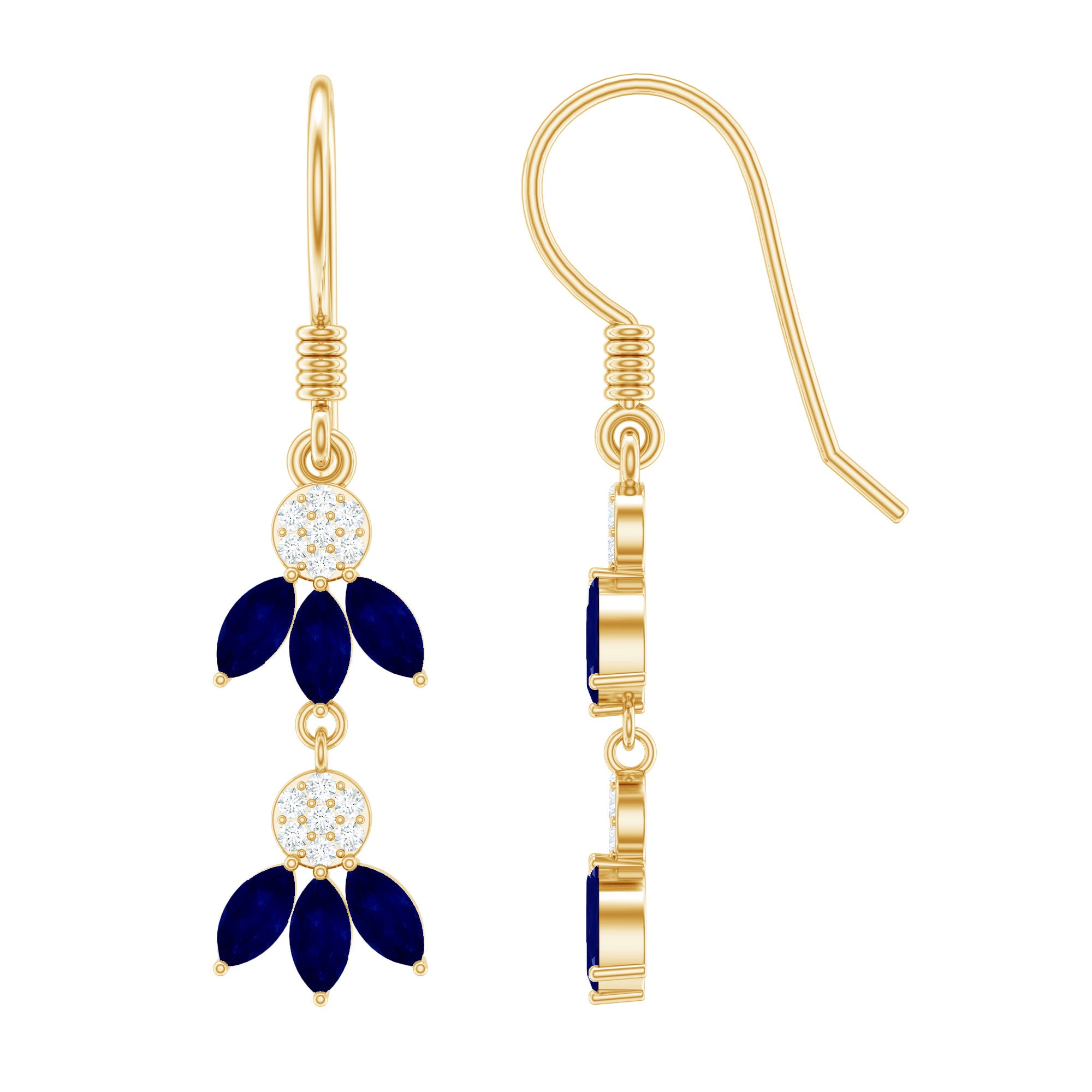 Natural Blue Sapphire and Diamond Leaf Dangle Earrings AAA - Rosec Jewels