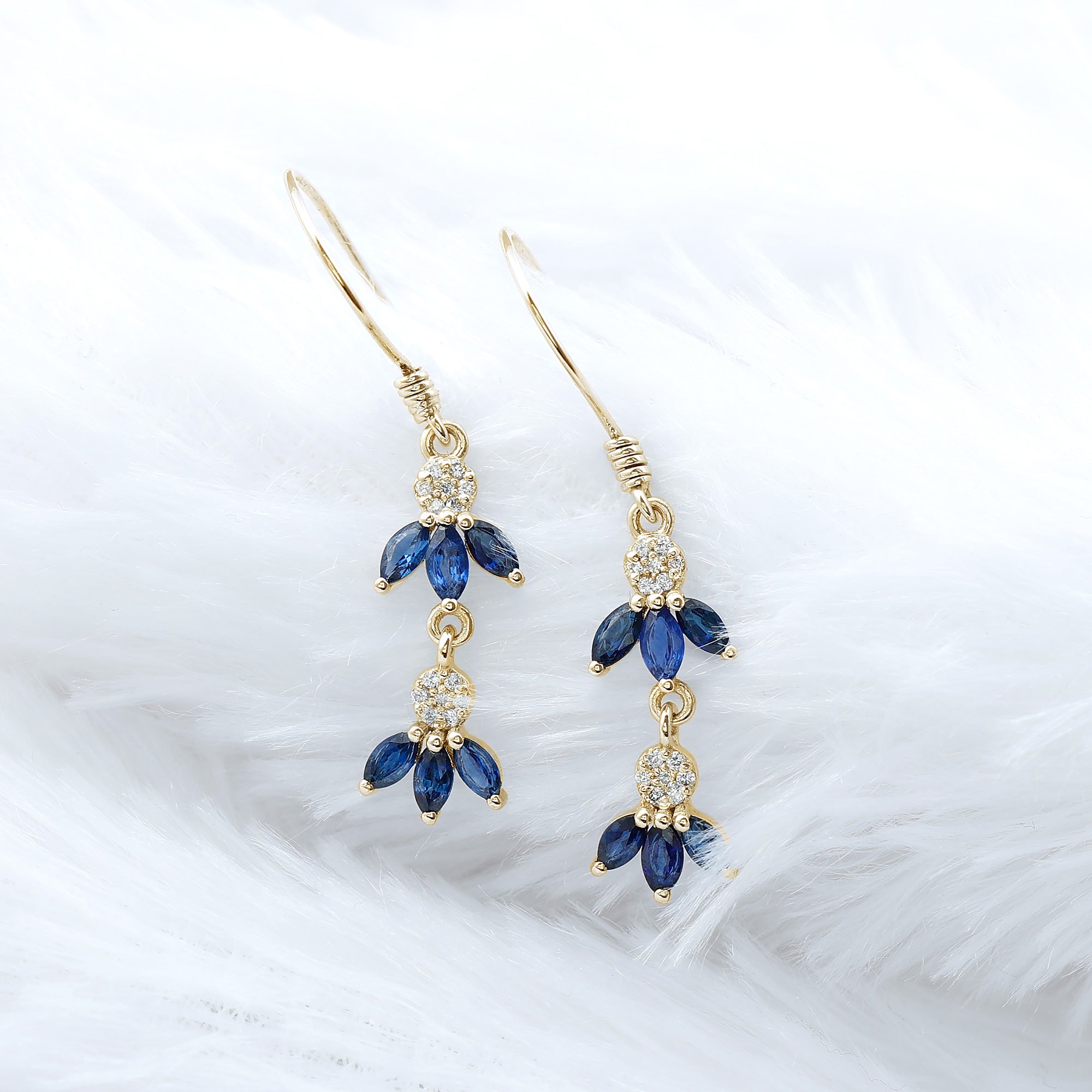Natural Blue Sapphire and Diamond Leaf Dangle Earrings AAA - Rosec Jewels