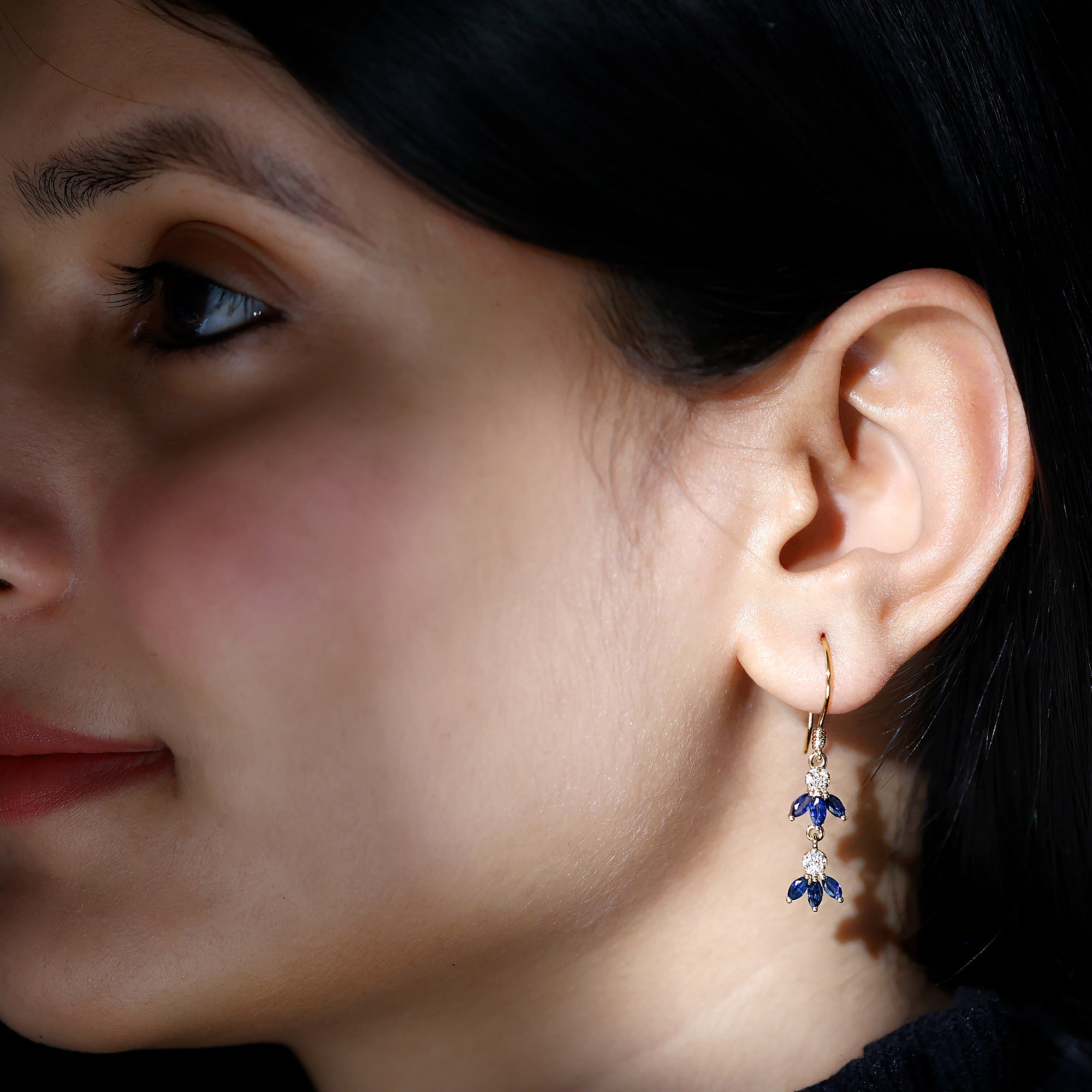 Natural Blue Sapphire and Diamond Leaf Dangle Earrings AAA - Rosec Jewels
