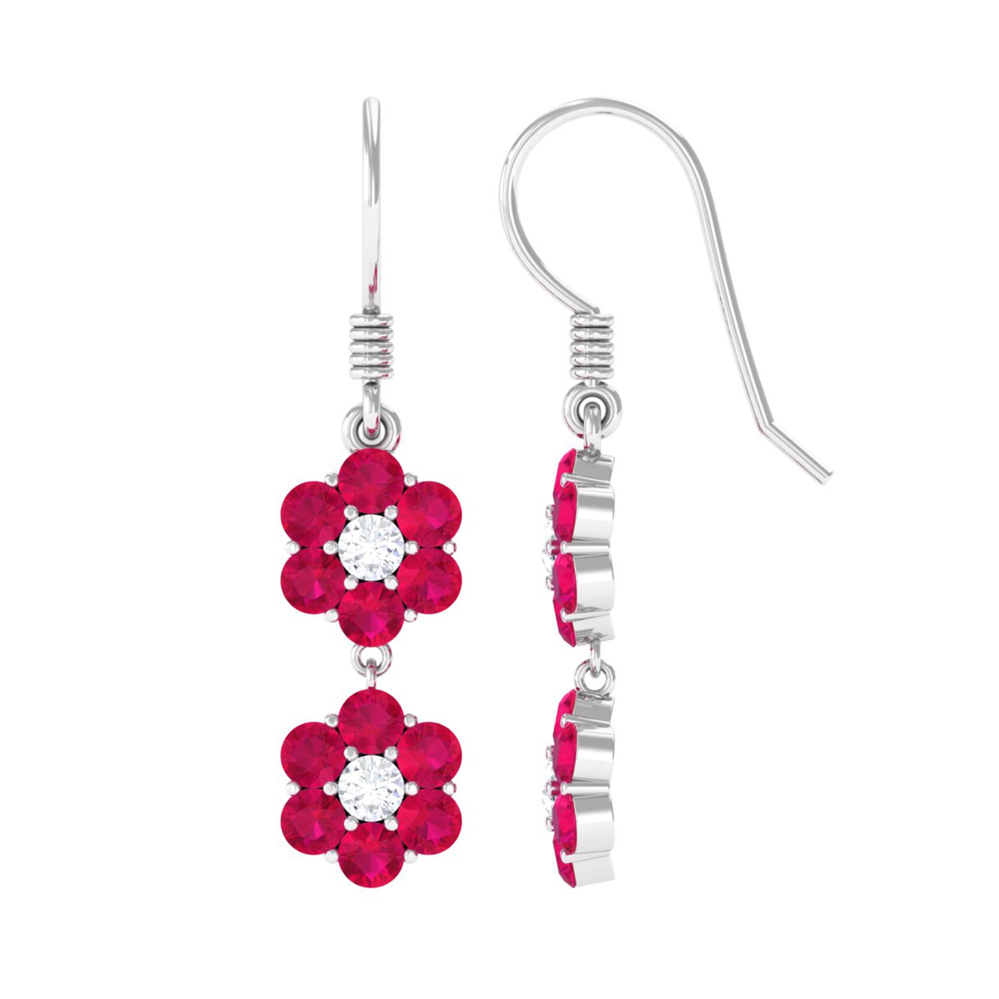 Twin Flower Dangle Earrings with Ruby and Moissanite