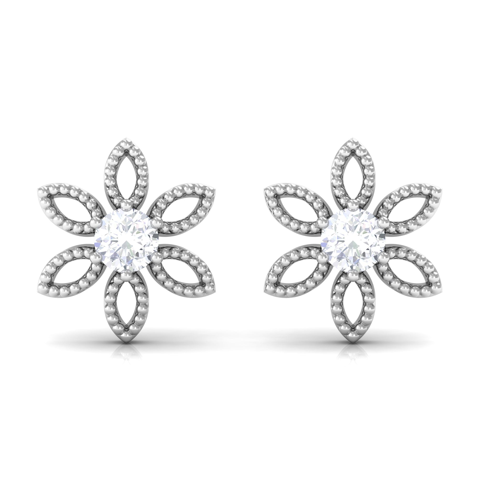 Rosec Jewels-Round Cut Diamond Flower Stud Earrings with Beaded