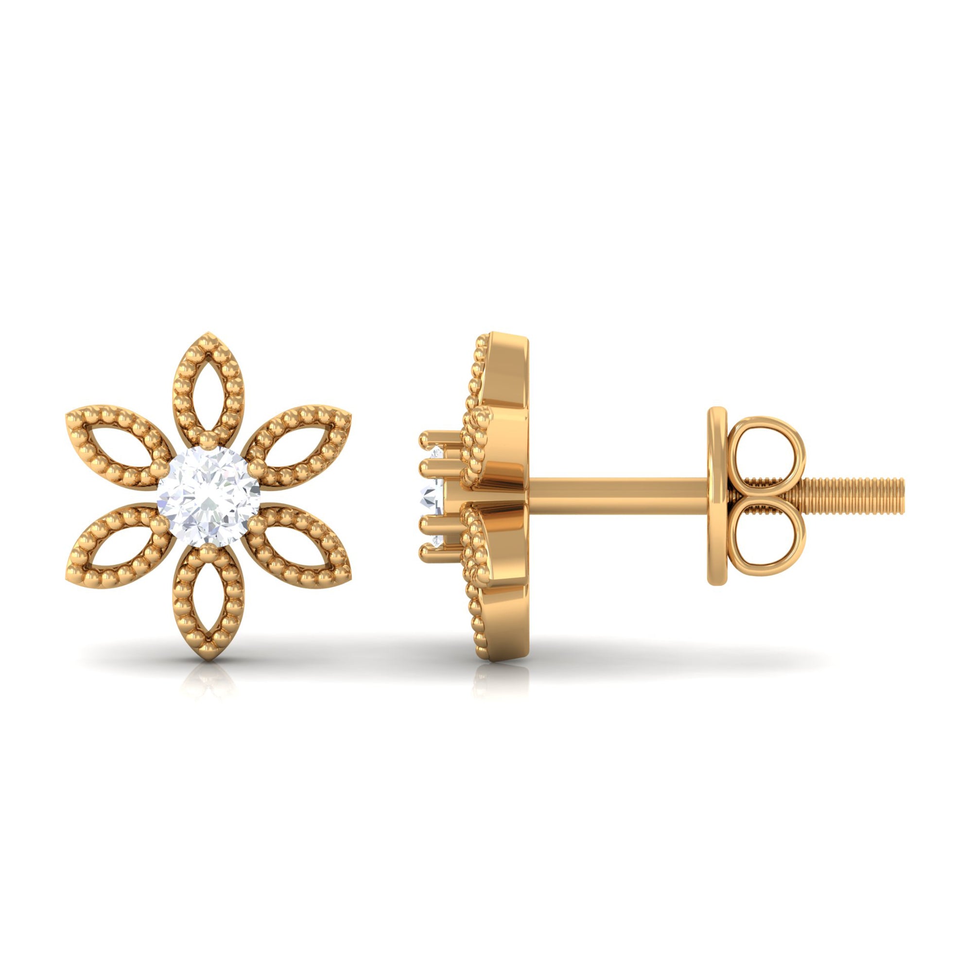 Rosec Jewels-Round Cut Diamond Flower Stud Earrings with Beaded