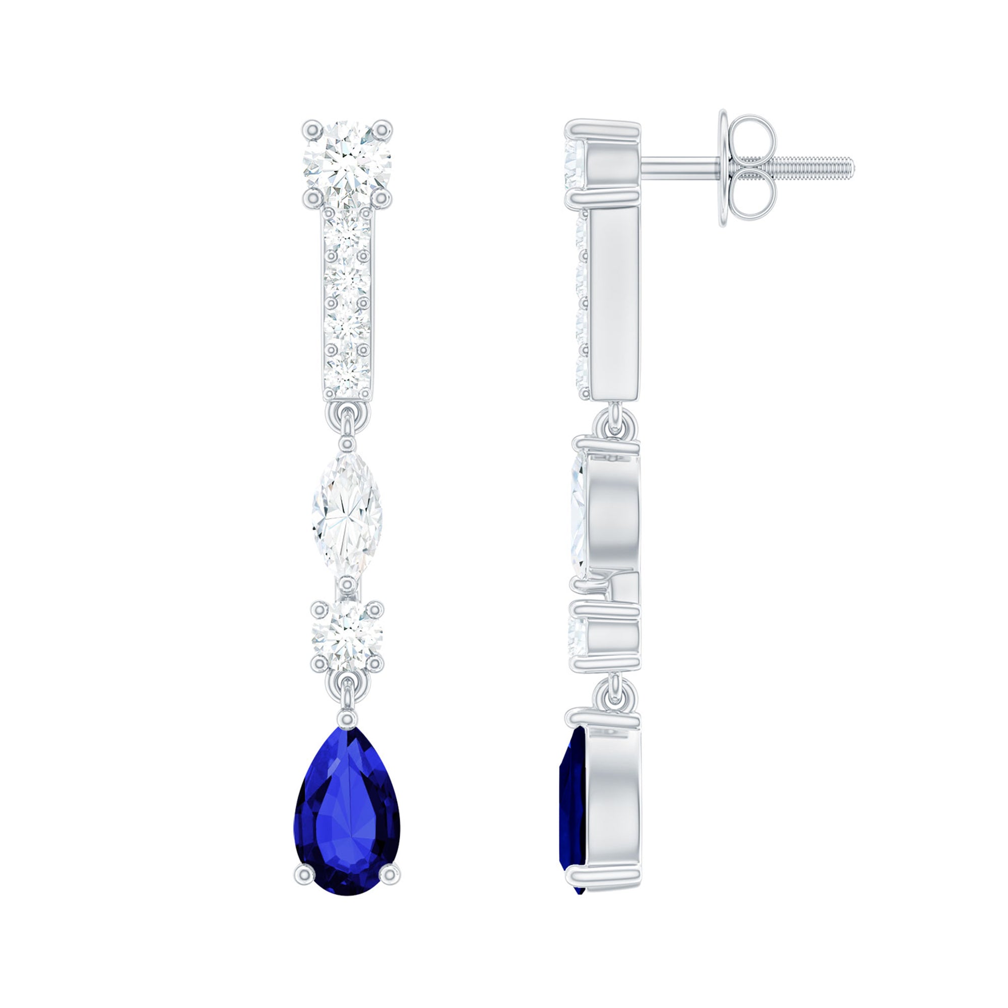 Lab Grown Blue Sapphire and Moissanite Drop Dangle Earrings with Screw Backs