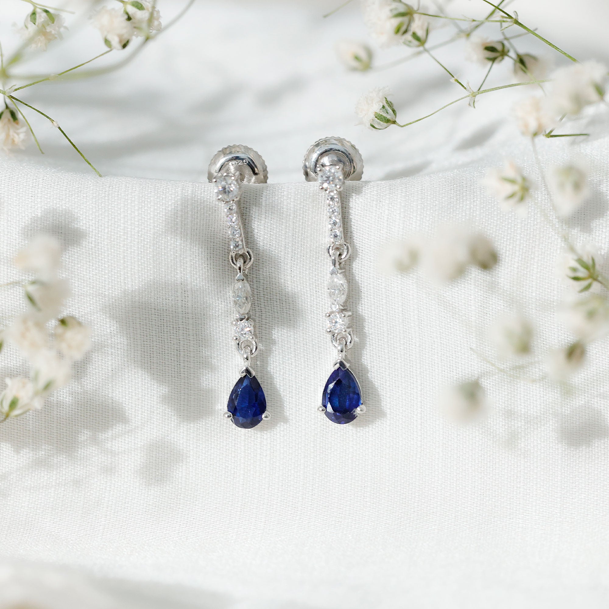 Pear Cut Created Blue Sapphire and Moissanite Long Dangle Earrings AAAA - Rosec Jewels