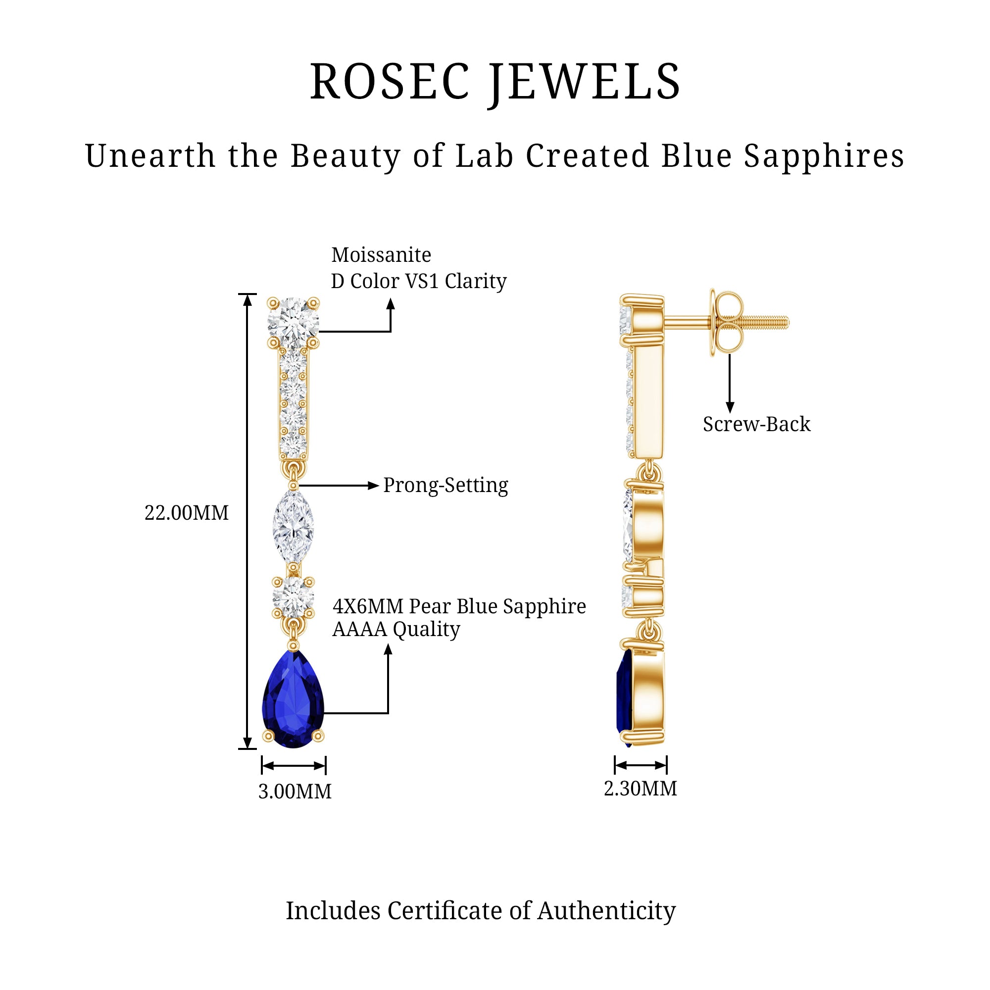 Pear Cut Created Blue Sapphire and Moissanite Long Dangle Earrings AAAA - Rosec Jewels