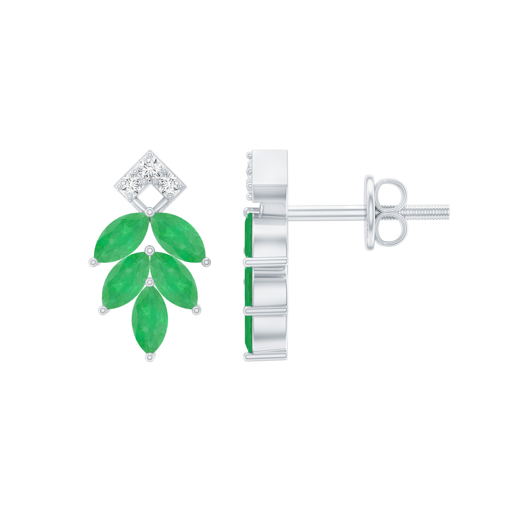 Real Emerald Leaf Stud Earrings with Moissanite AAA - Rosec Jewels